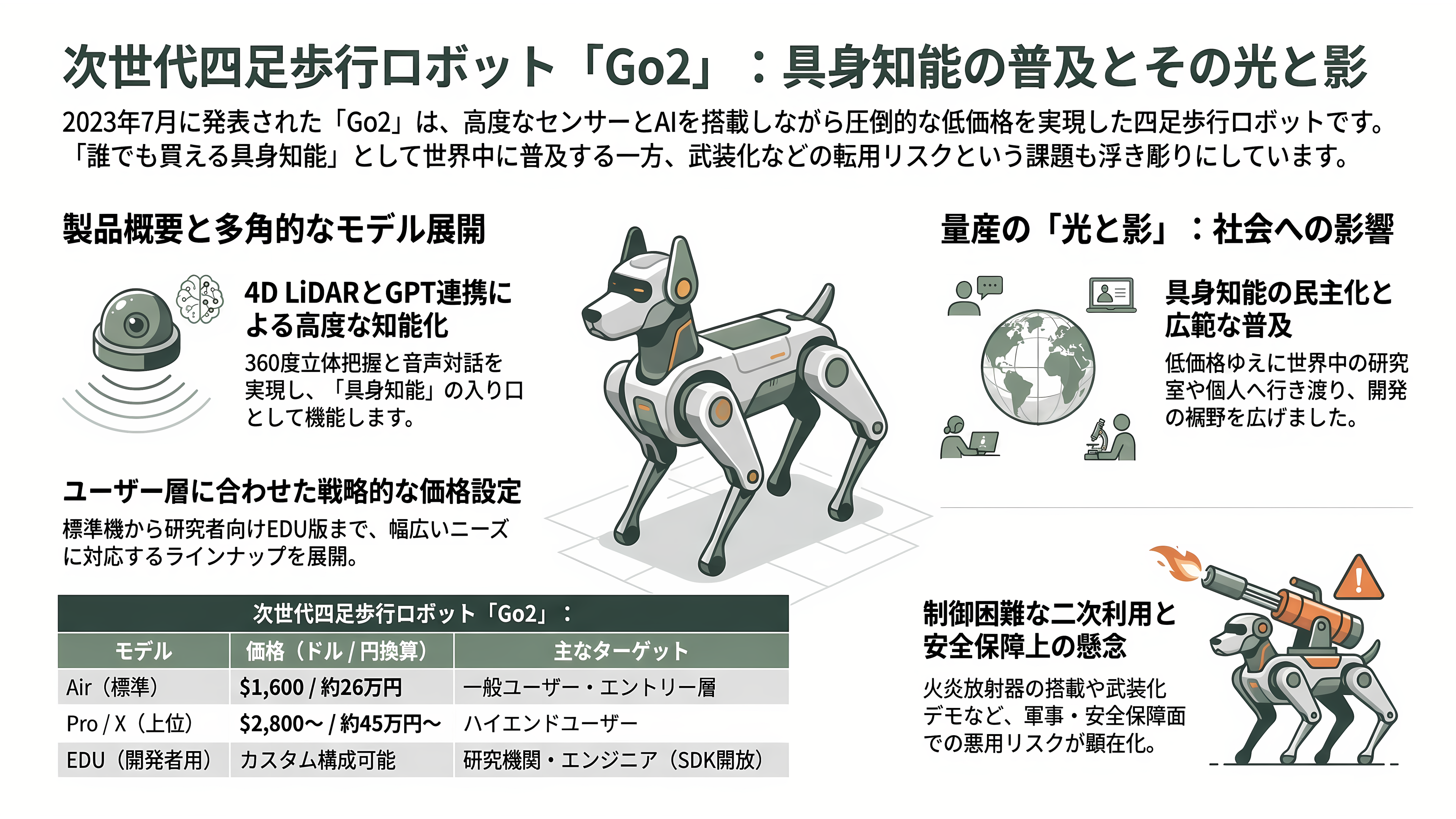 世界トップシェアのロボットベンチャー、Unitree(ユニツリー)、杭州宇樹科技有限公司とは。四足歩行のGo2、B2、A2。二足歩行のG1、R1、H2、H1 - 四足歩行の原点:民生用ロボット犬「Go2」 - 章扉