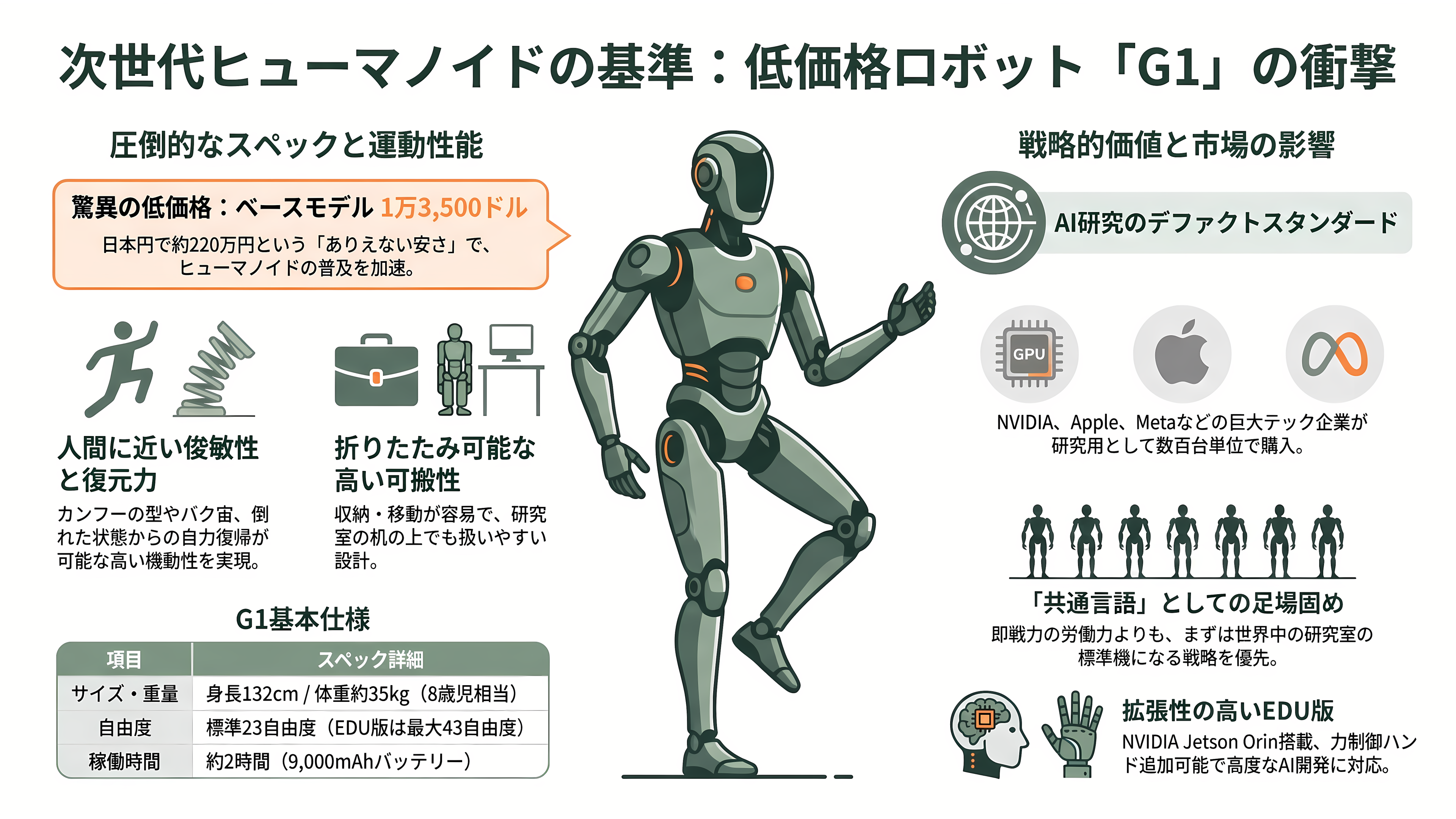 世界トップシェアのロボットベンチャー、Unitree(ユニツリー)、杭州宇樹科技有限公司とは。四足歩行のGo2、B2、A2。二足歩行のG1、R1、H2、H1 - 二足歩行の本命:低価格ヒューマノイド「G1」 - 章扉
