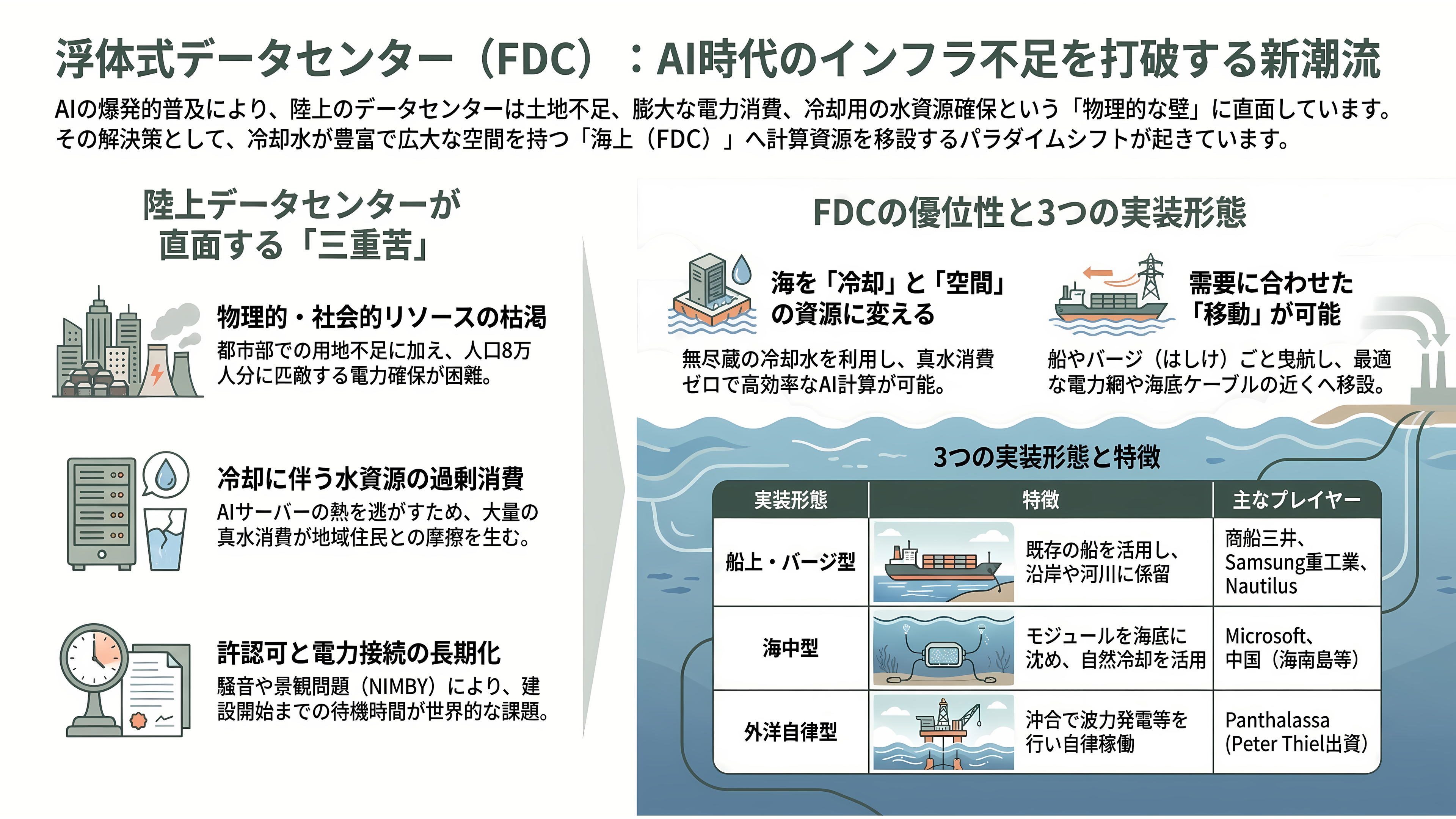 商船三井と日立製作所、日立システムズ、中古船を活用した浮体式データセンター（FDC）の共同開発を開始 - 浮体式データセンター（FDC）とは何か ― 陸の限界を海に逃がす発想 - 章扉