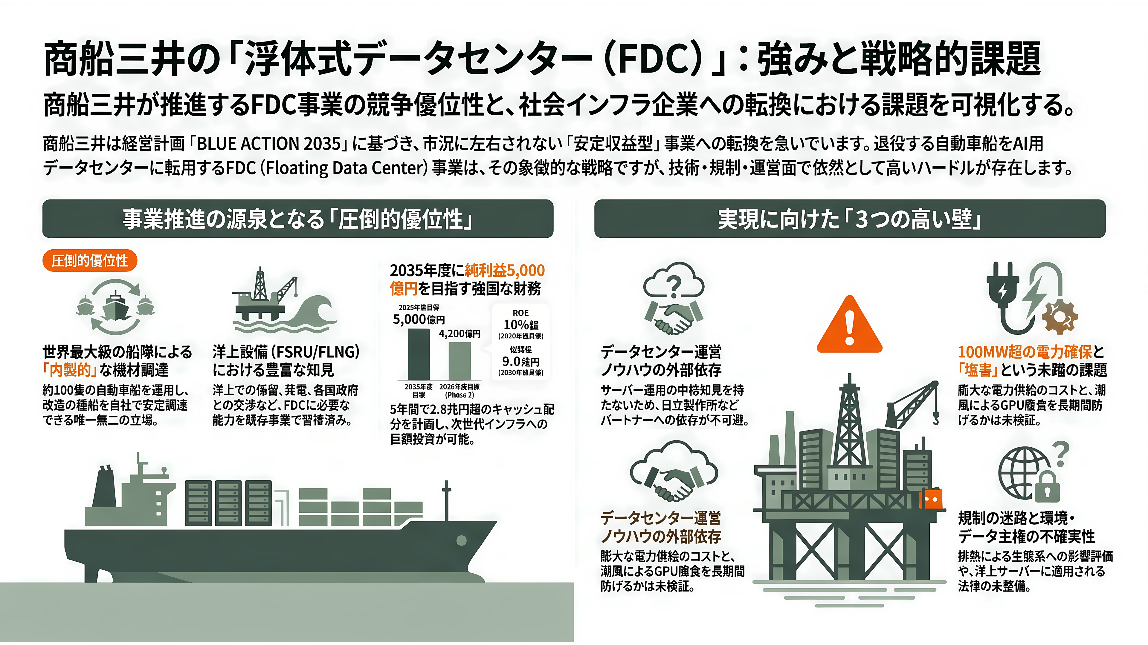 商船三井と日立製作所、日立システムズ、中古船を活用した浮体式データセンター（FDC）の共同開発を開始 - 商船三井の強みと課題 - 章扉
