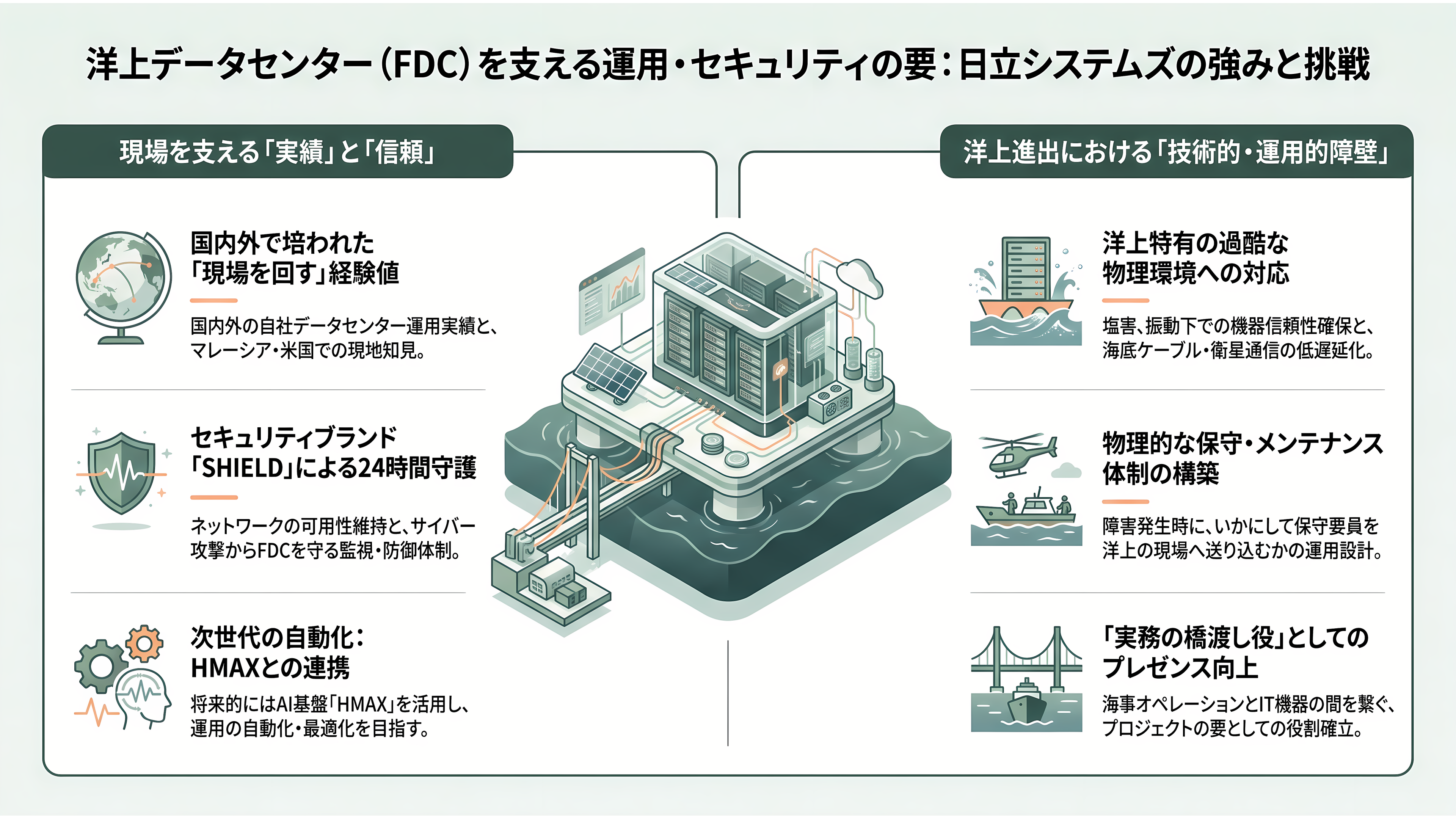 商船三井と日立製作所、日立システムズ、中古船を活用した浮体式データセンター（FDC）の共同開発を開始 - 日立システムズの強みと課題 - 章扉