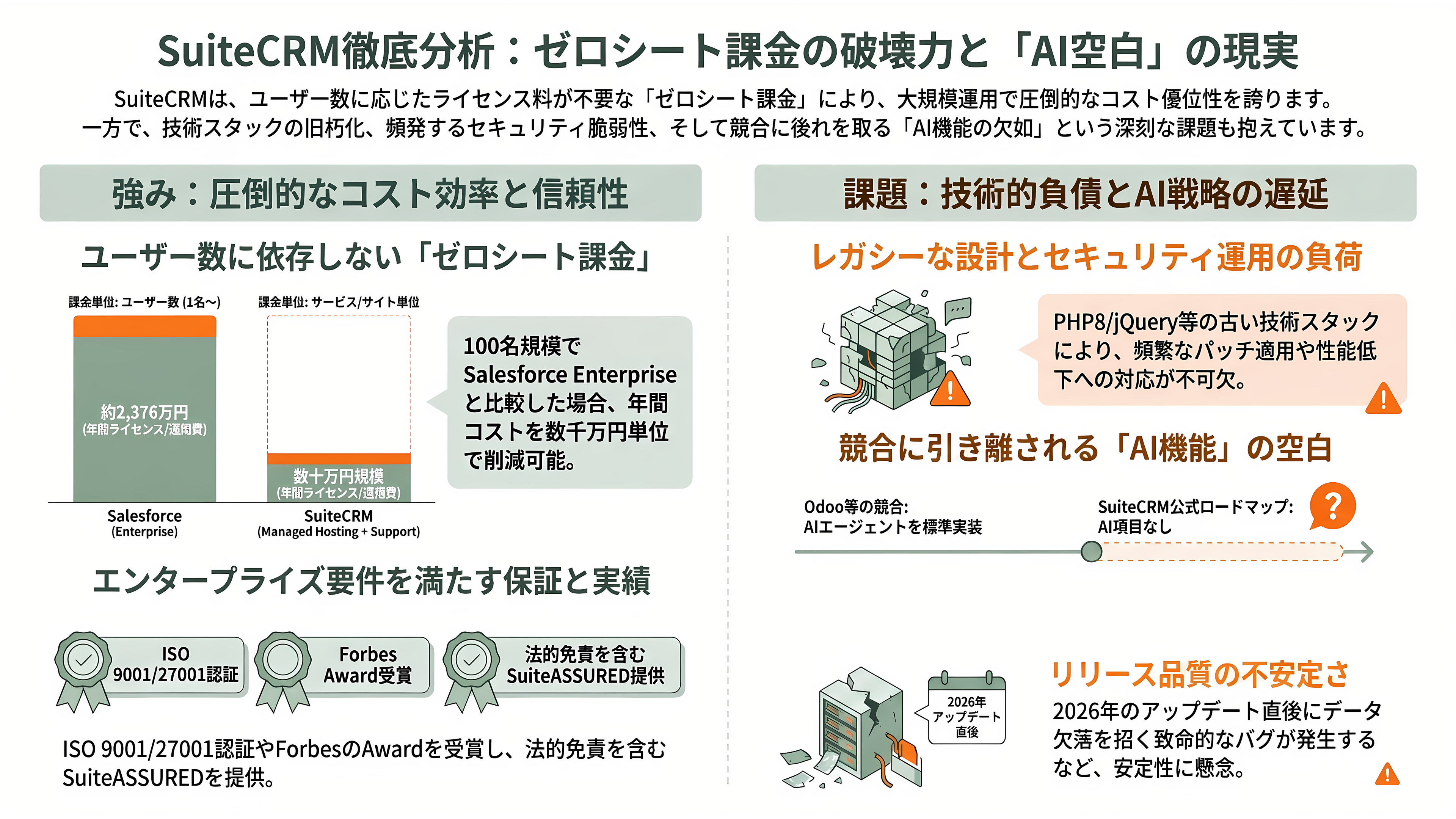 商談管理、見積・契約、ワークフロー自動化、レポート分析まで。SalesforceライクOSSのCRM、SuiteCRMとは - 強みと課題——ゼロシート課金の破壊力と、AI空白という現実 - 章扉