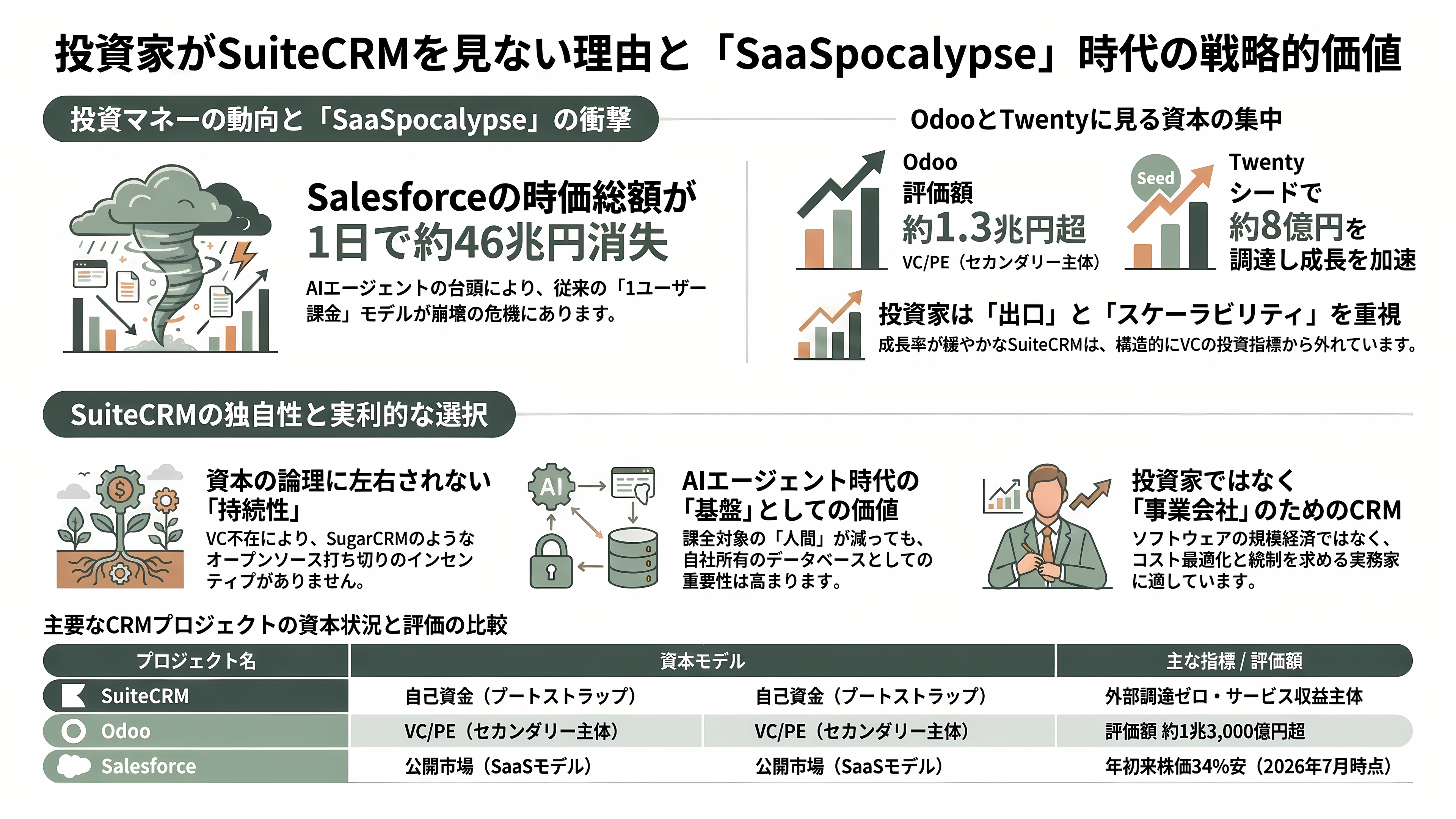 商談管理、見積・契約、ワークフロー自動化、レポート分析まで。SalesforceライクOSSのCRM、SuiteCRMとは - VCと投資家はSuiteCRMをどう見ているか——「見ていない」ことの意味 - 章扉