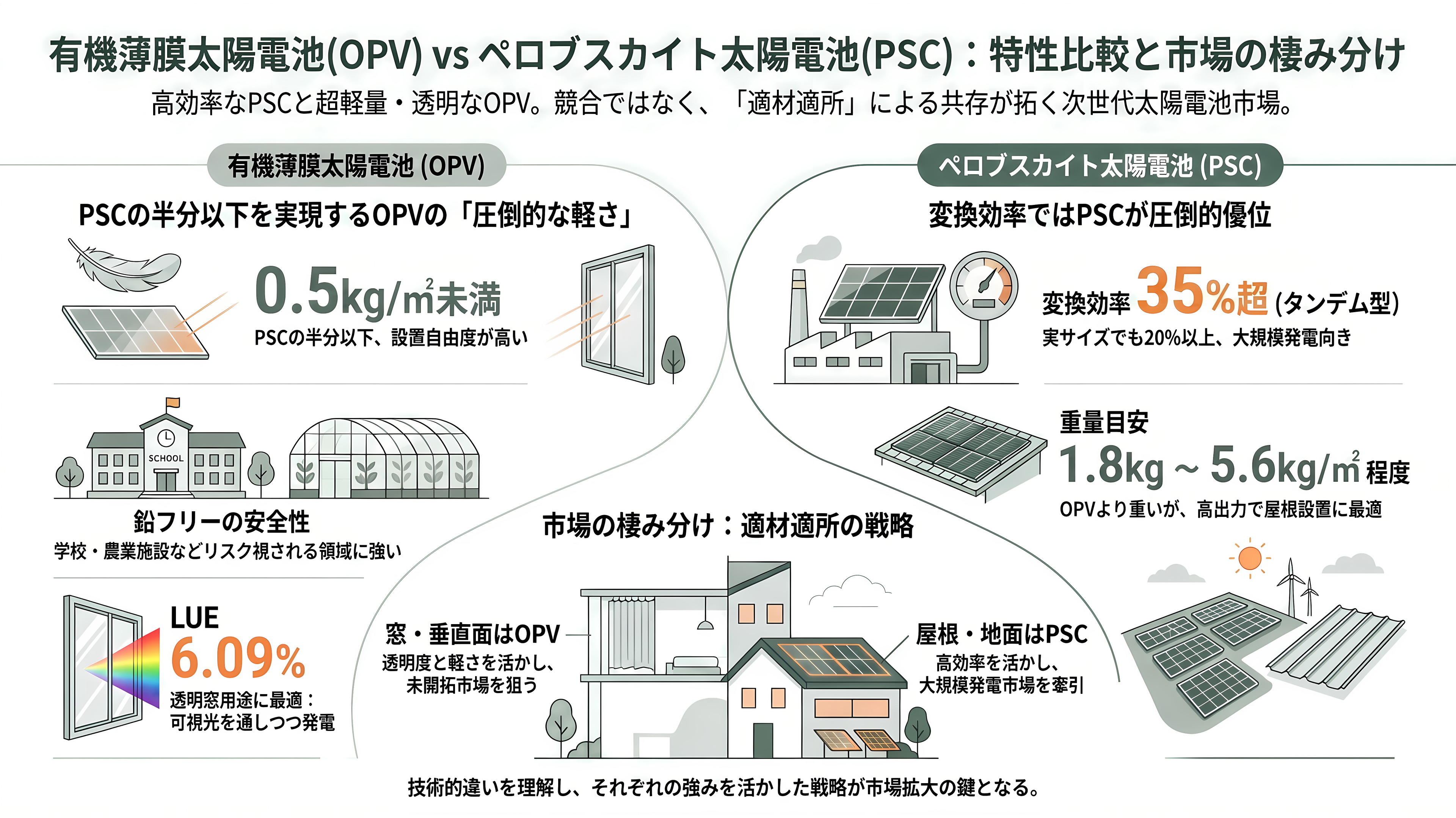 軽量、高透過、低コスト「OPV(有機薄膜太陽電池)」。BIPV(建築一体型太陽光発電)、IoT向け、農業分野など。繊維商社GSIクレオス(8101) - ペロブスカイトとの違い——鉛、重さ、透明度、そして「RoHSの誤解」 - 章扉