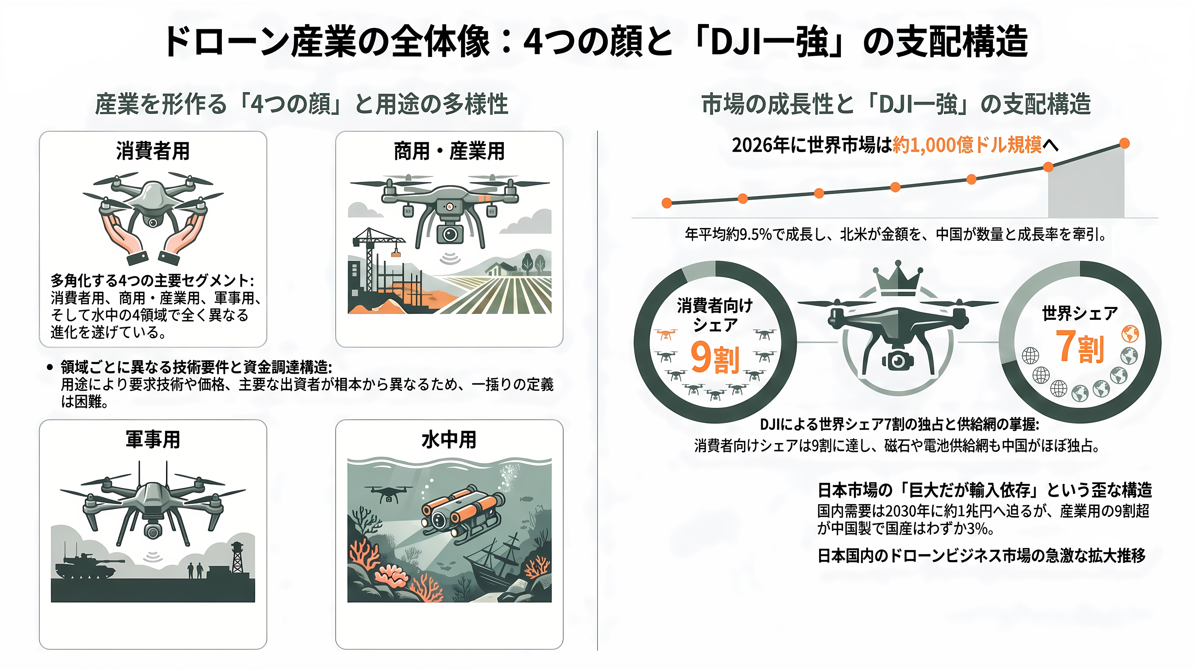 国内・海外のドローンメーカー比較。農業・軍事・ホビー。市場規模とシェア - ドローンという「四つの顔」を持つ産業——まず全体像から - 章扉