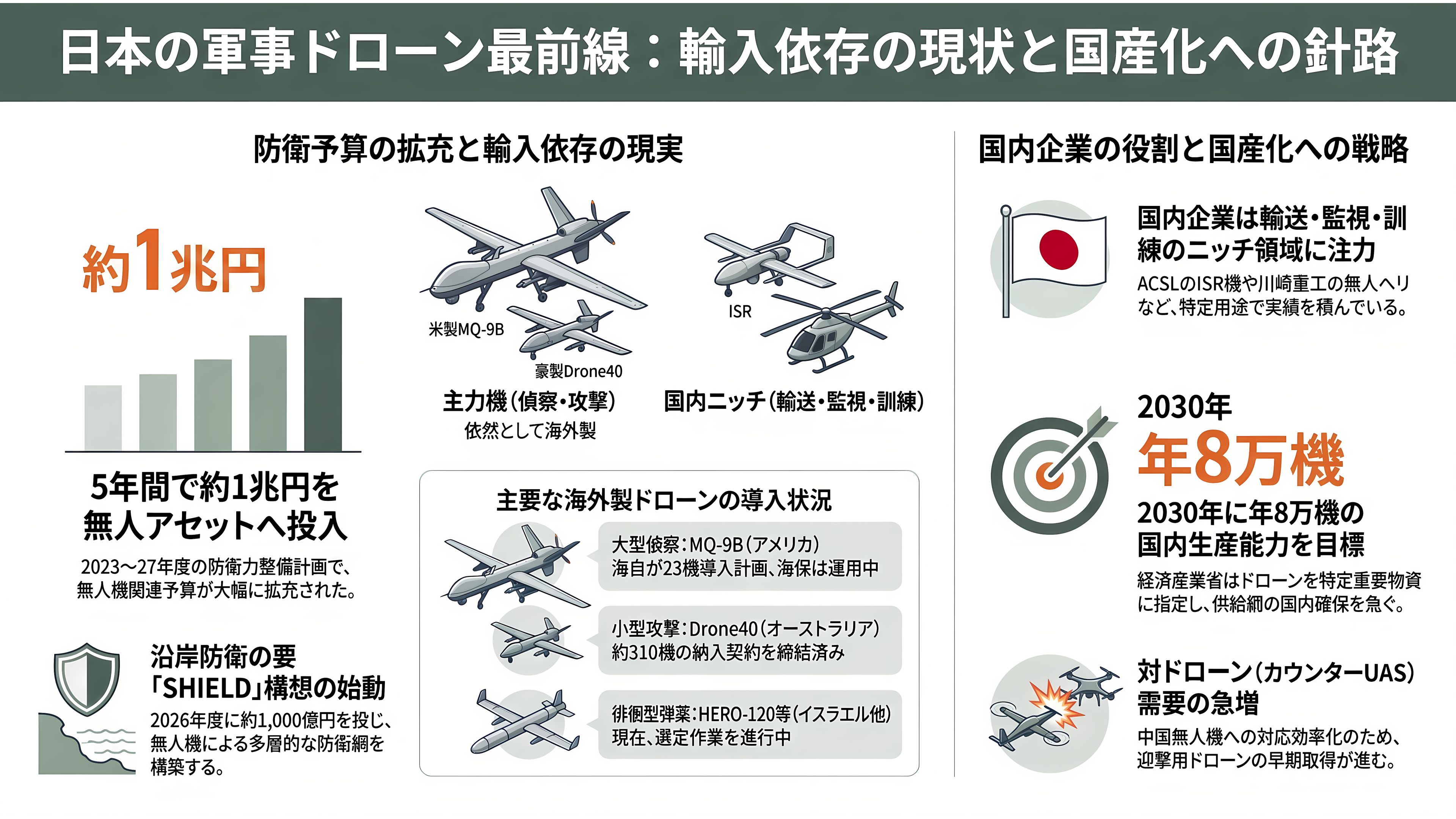 国内・海外のドローンメーカー比較。農業・軍事・ホビー。市場規模とシェア - 軍事ドローン(国内)——「攻撃ドローンを作る企業は国内にない」からの出発 - 章扉