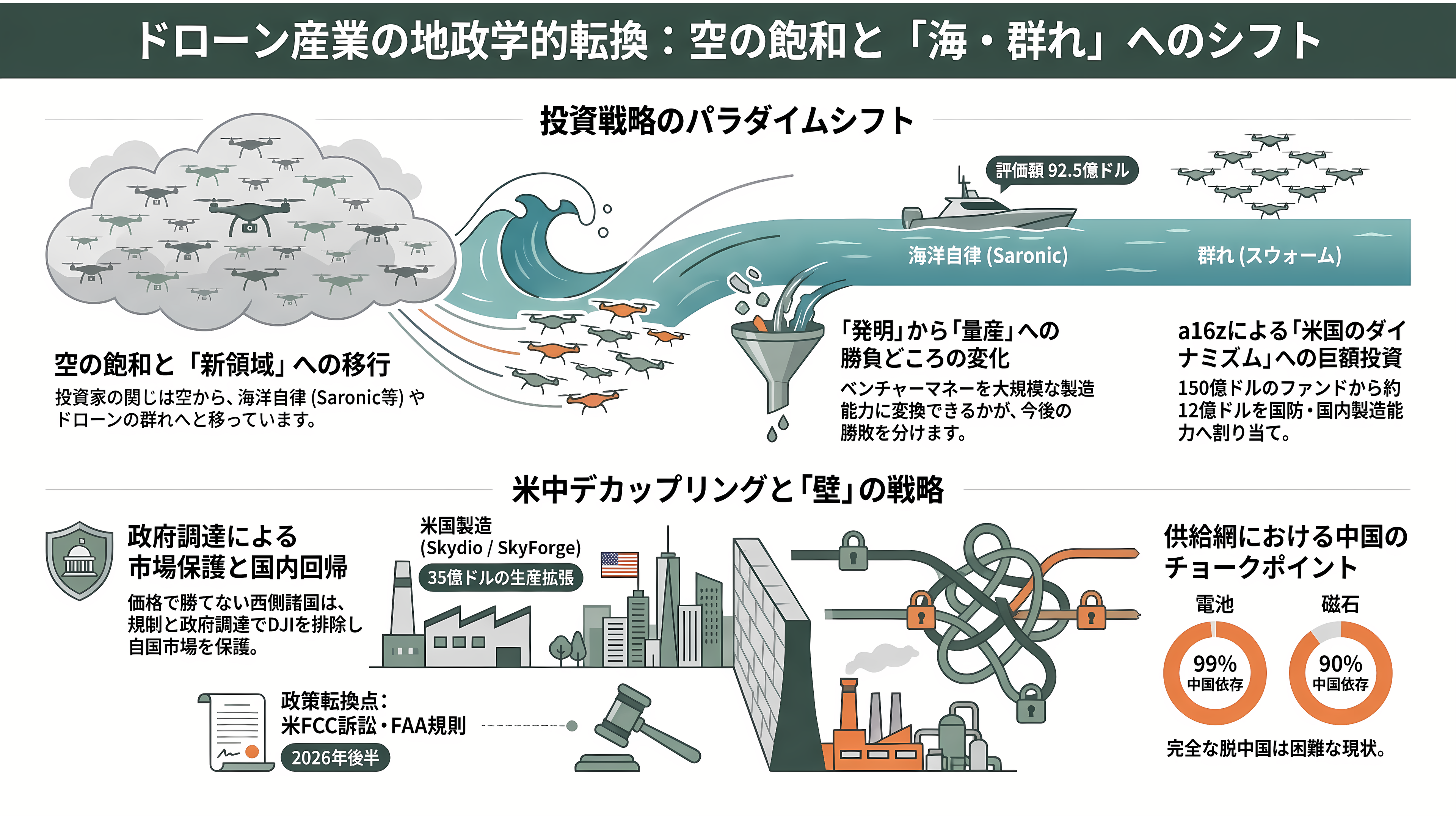 国内・海外のドローンメーカー比較。農業・軍事・ホビー。市場規模とシェア - シリコンバレーVCの視点——空は飽和、次は「海」と「群れ」。号砲はいつ鳴るか - 章扉