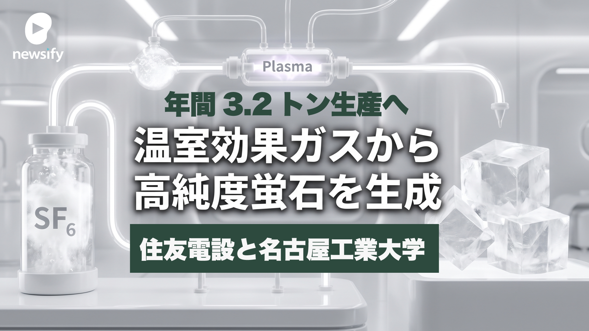 住友電設（1949）と名古屋工業大学、最悪の温室効果ガスと呼ばれるSF6ガス（六フッ化硫黄）から、純度99%以上の半導体研磨などに重要な高純度蛍石の生成に成功。年間3.2トン生産へ