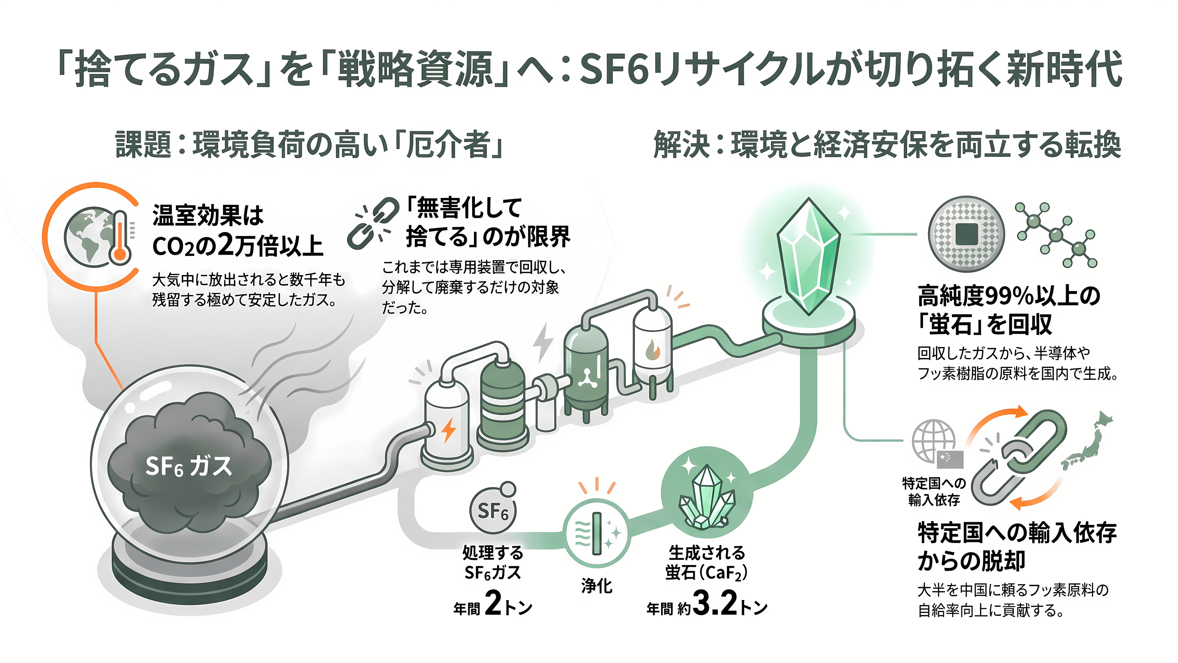 住友電設(1949)と名古屋工業大学、最悪の温室効果ガスと呼ばれるSF6ガス(六フッ化硫黄)から、純度99%以上の半導体研磨などに重要な高純度蛍石の生成に成功。年間3.2トン生産へ - 「捨てるガス」を「戦略資源」に変える——何が起きたのか - 章扉