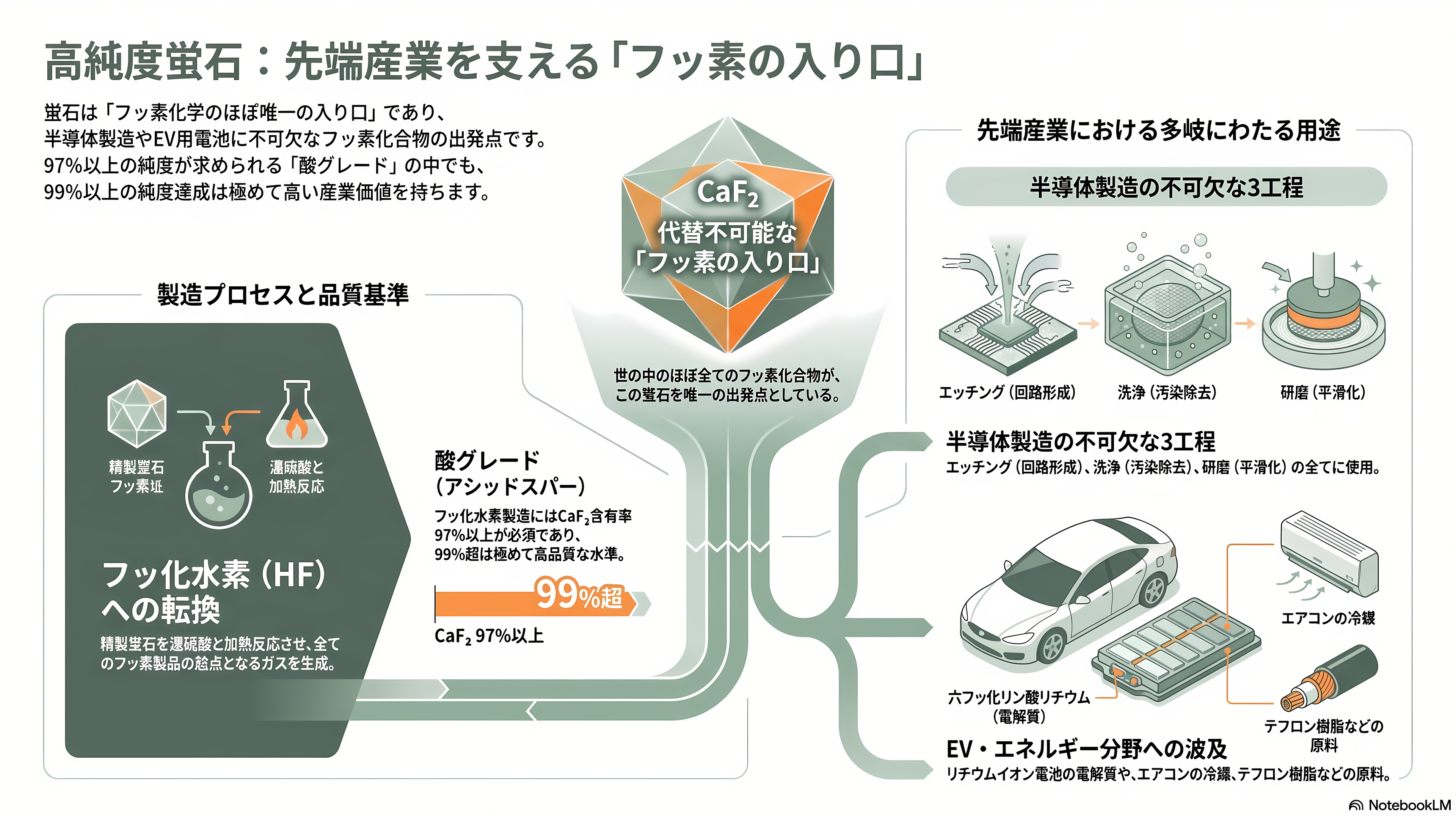 住友電設(1949)と名古屋工業大学、最悪の温室効果ガスと呼ばれるSF6ガス(六フッ化硫黄)から、純度99%以上の半導体研磨などに重要な高純度蛍石の生成に成功。年間3.2トン生産へ - 高純度蛍石とは何か——半導体を支える「フッ素の入り口」 - 章扉