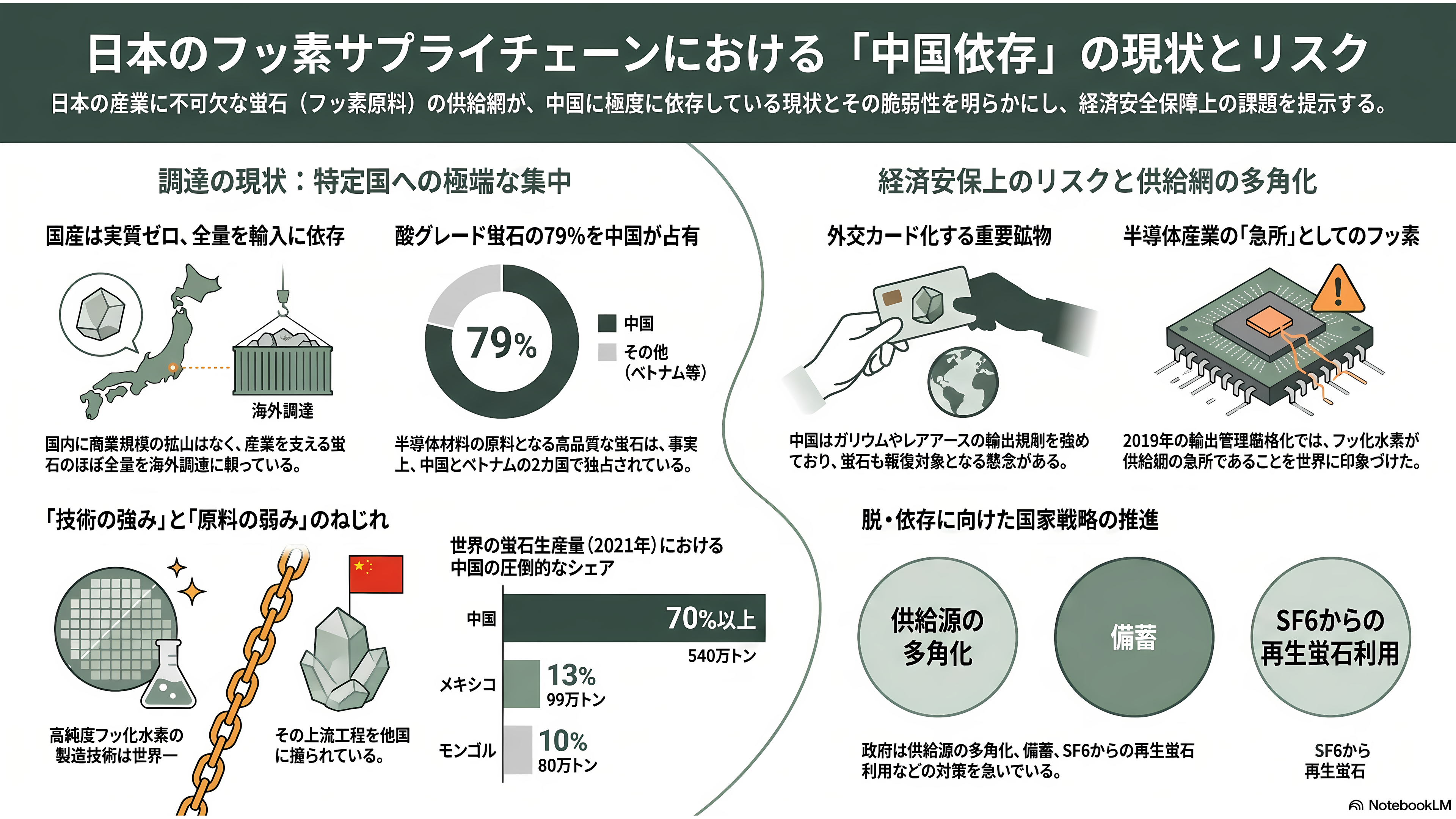 住友電設(1949)と名古屋工業大学、最悪の温室効果ガスと呼ばれるSF6ガス(六フッ化硫黄)から、純度99%以上の半導体研磨などに重要な高純度蛍石の生成に成功。年間3.2トン生産へ - 蛍石はどこから来るのか——中国依存とフッ素サプライチェーンの急所 - 章扉