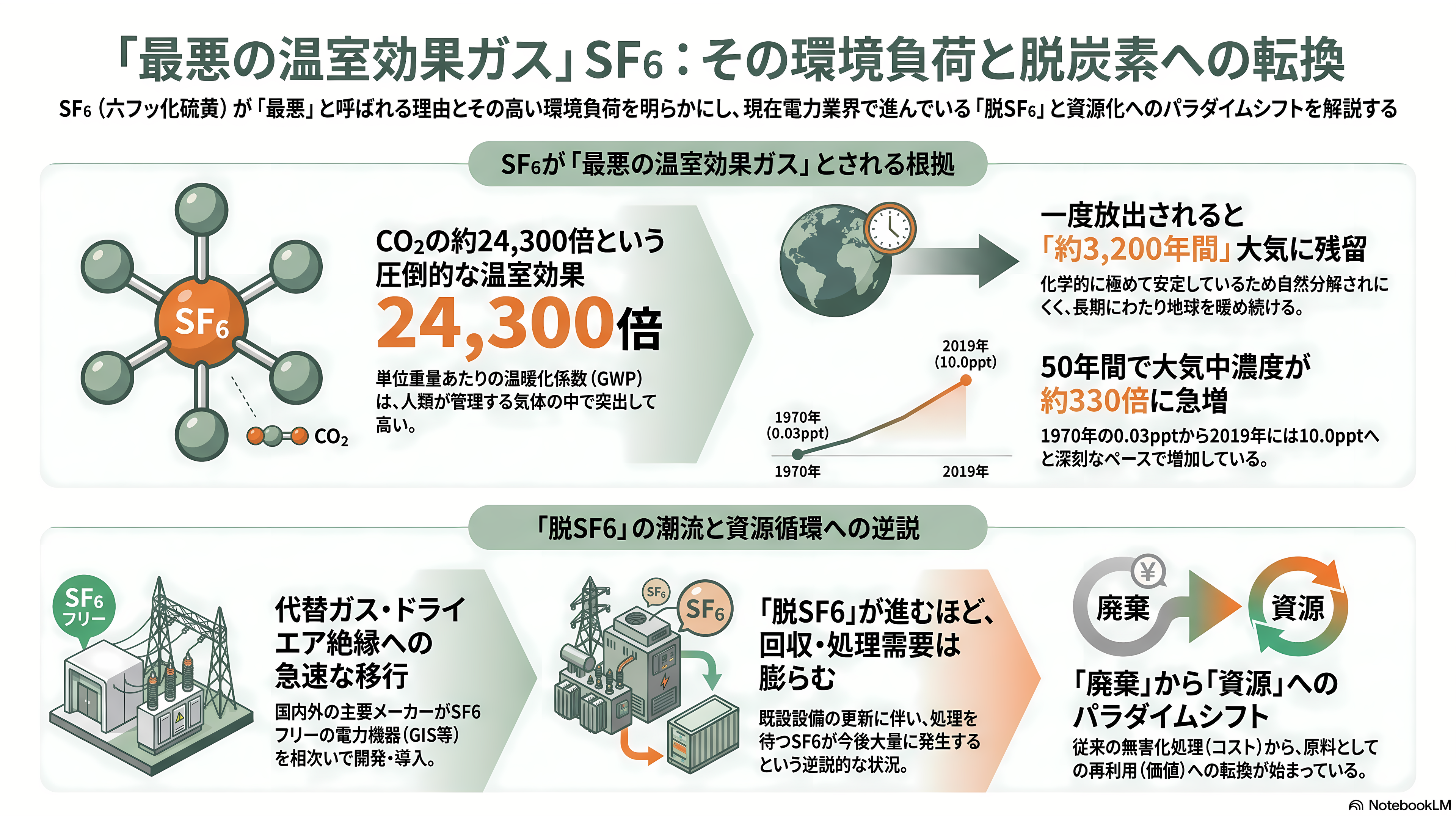 住友電設(1949)と名古屋工業大学、最悪の温室効果ガスと呼ばれるSF6ガス(六フッ化硫黄)から、純度99%以上の半導体研磨などに重要な高純度蛍石の生成に成功。年間3.2トン生産へ - 「最悪の温室効果ガス」SF6とは何か - 章扉