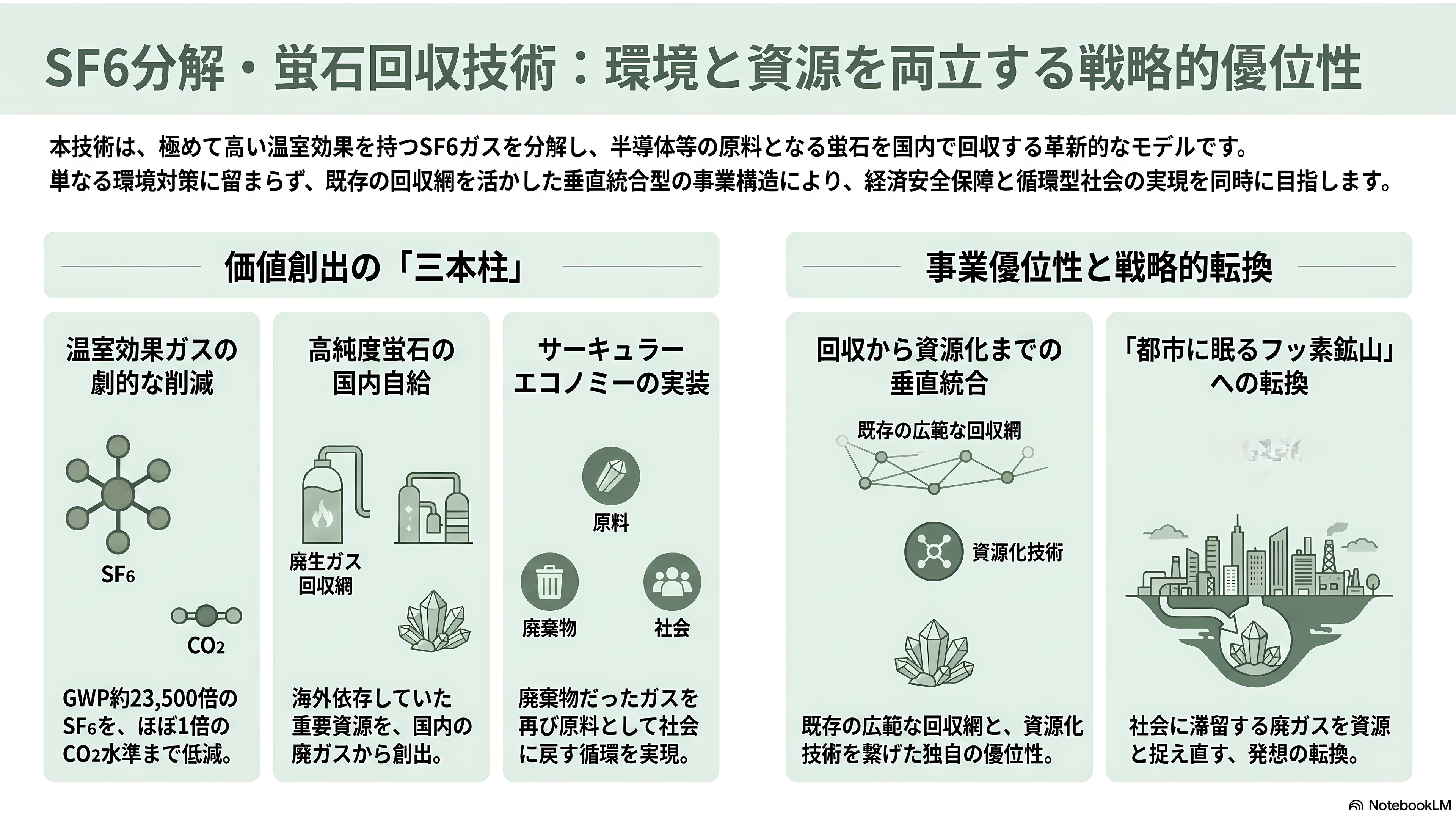 住友電設(1949)と名古屋工業大学、最悪の温室効果ガスと呼ばれるSF6ガス(六フッ化硫黄)から、純度99%以上の半導体研磨などに重要な高純度蛍石の生成に成功。年間3.2トン生産へ - 強み——環境と資源の「一石二鳥」、そして回収網という土台 - 章扉