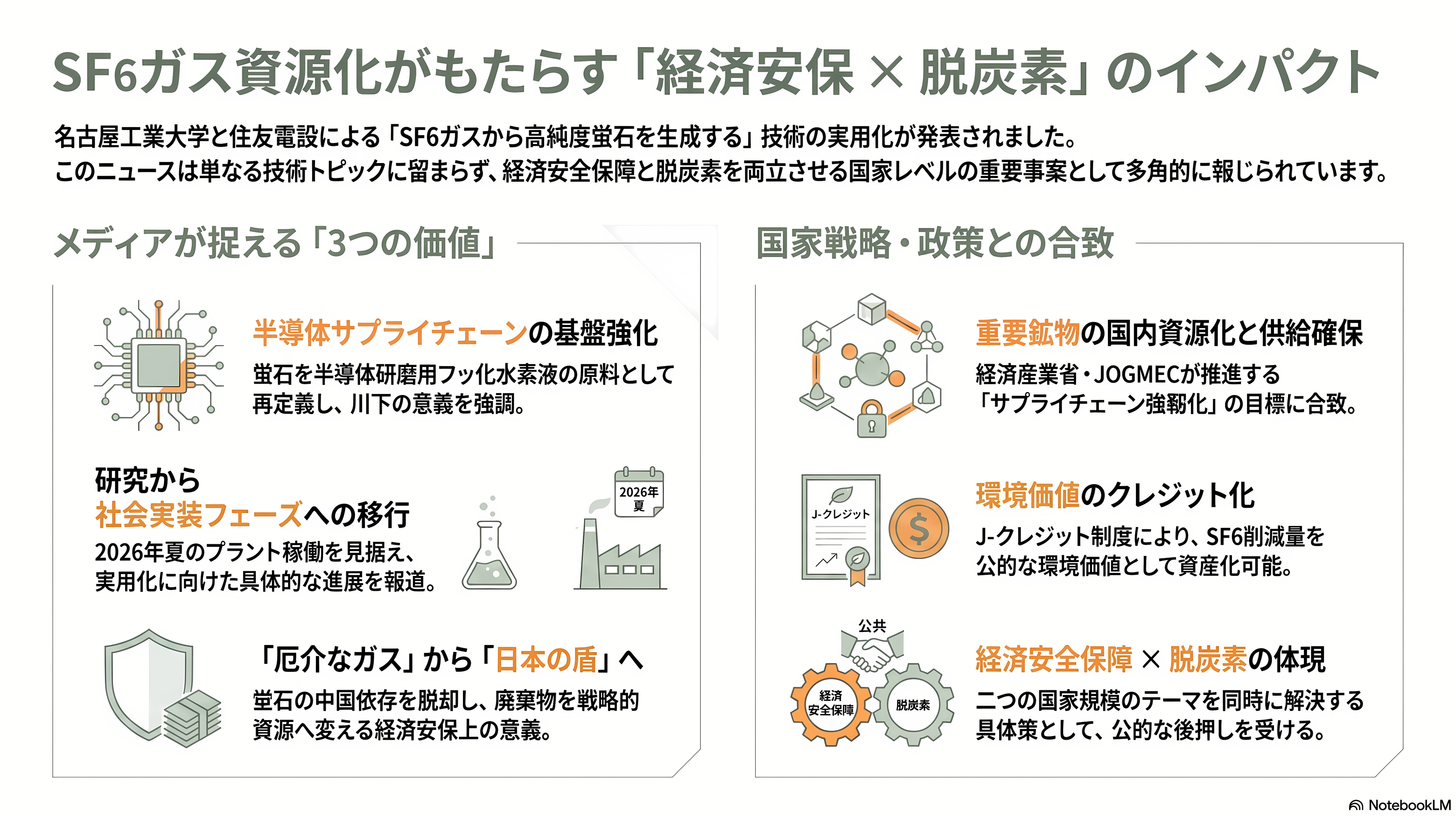住友電設(1949)と名古屋工業大学、最悪の温室効果ガスと呼ばれるSF6ガス(六フッ化硫黄)から、純度99%以上の半導体研磨などに重要な高純度蛍石の生成に成功。年間3.2トン生産へ - 各紙・専門メディア・当局はどう報じたか - 章扉