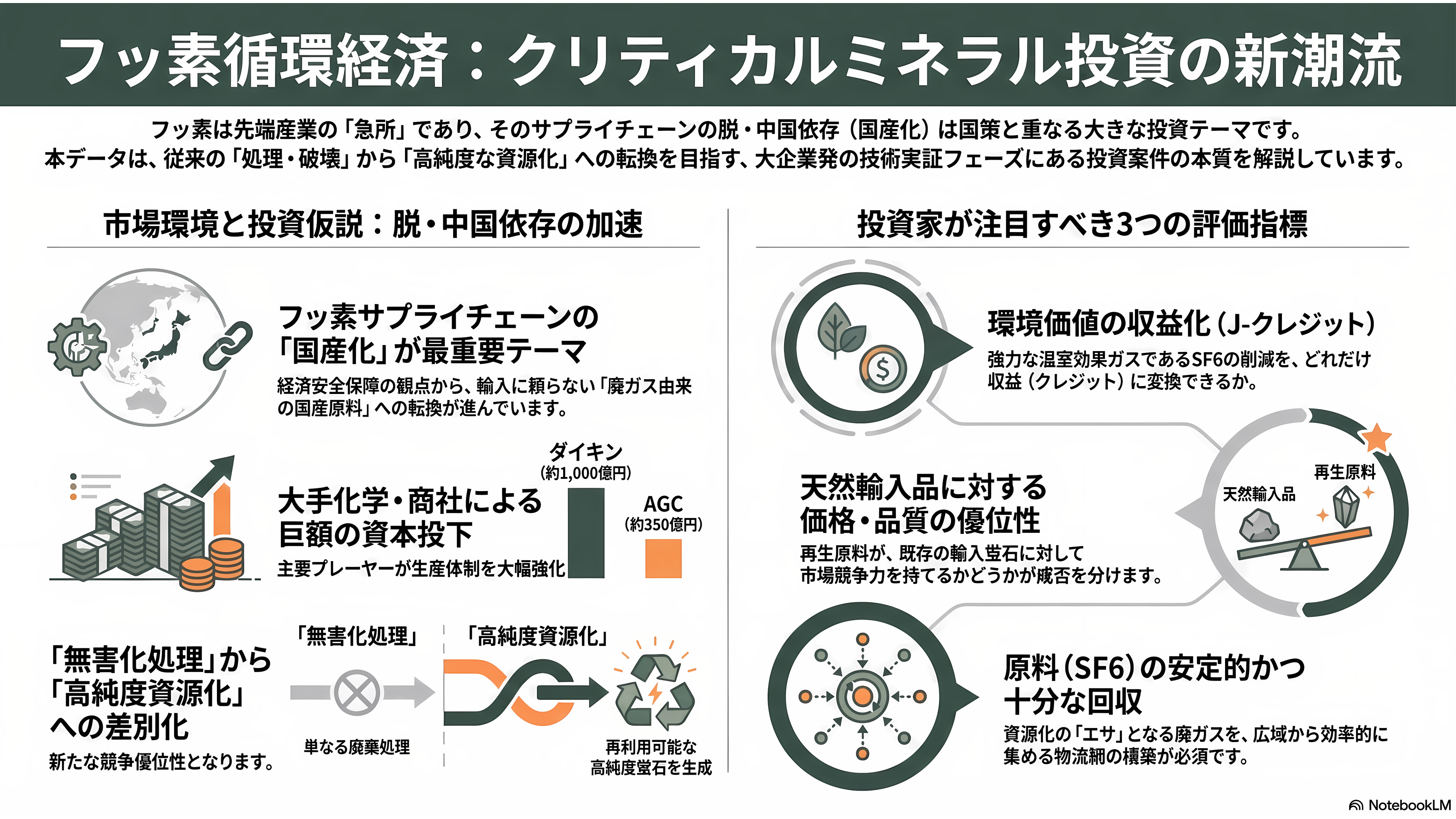 住友電設(1949)と名古屋工業大学、最悪の温室効果ガスと呼ばれるSF6ガス(六フッ化硫黄)から、純度99%以上の半導体研磨などに重要な高純度蛍石の生成に成功。年間3.2トン生産へ - 投資家・VCの視点——フッ素循環経済とクリティカルミネラル投資 - 章扉