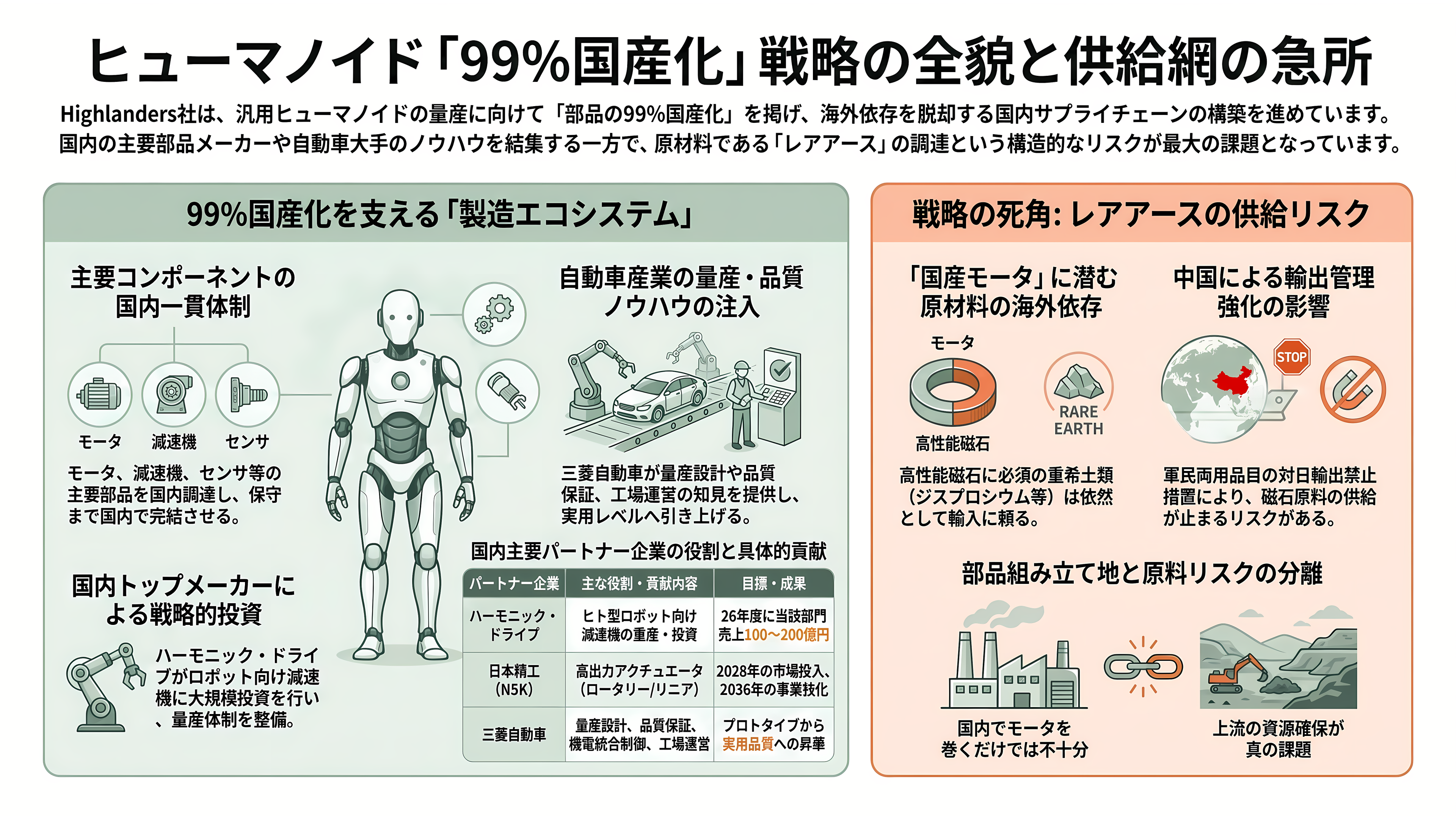 東大発スタートアップHighlanders（ハイランダーズ）、人型ロボットの量産に向け三菱自動車と基本合意書（MOU）を締結 - サプライチェーン ── 「99％国産」の狙いと、レアアースという急所 - 章扉