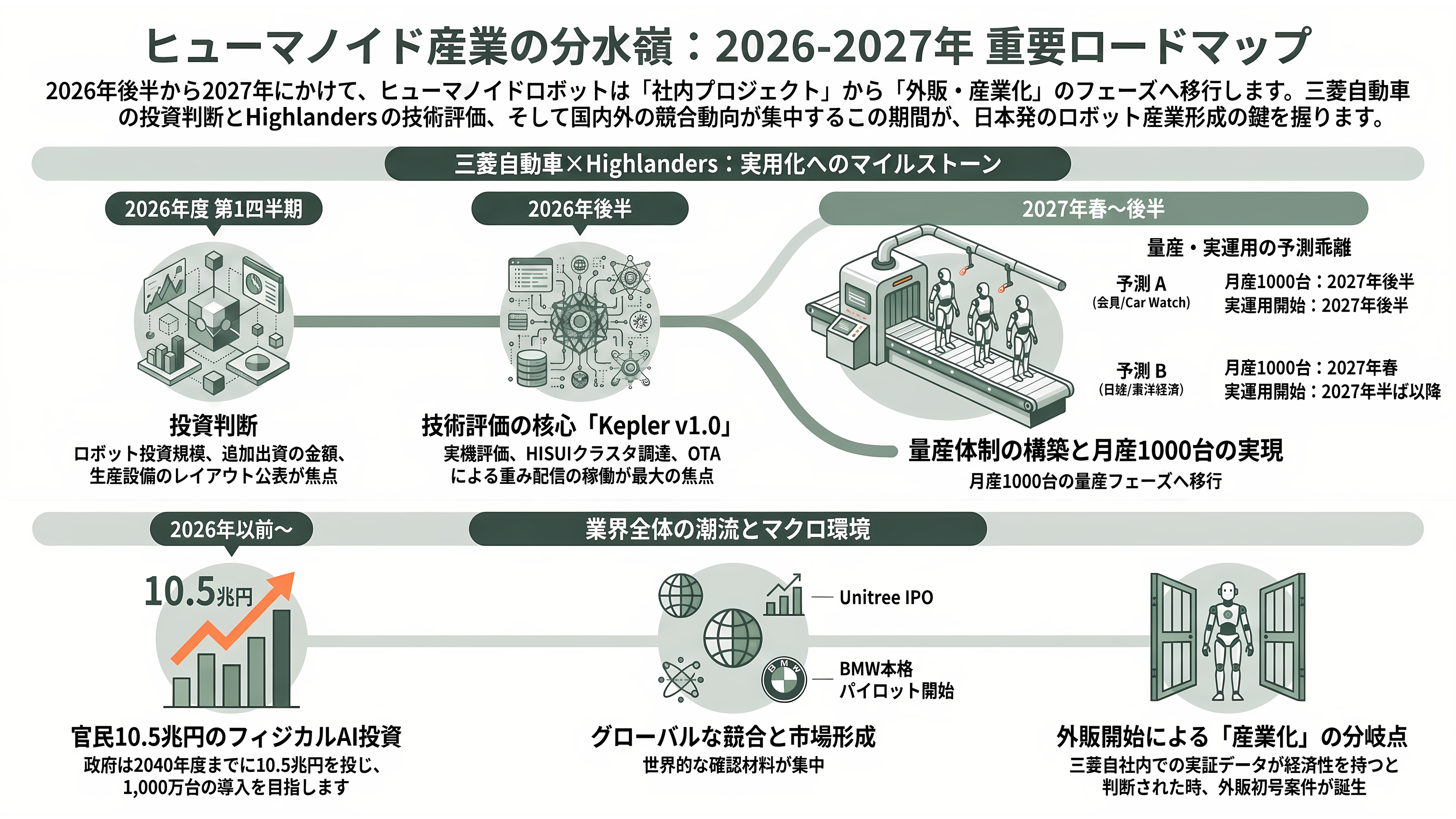 東大発スタートアップHighlanders（ハイランダーズ）、人型ロボットの量産に向け三菱自動車と基本合意書（MOU）を締結 - 今後の注目点 ── 2026年後半から2027年へ - 章扉