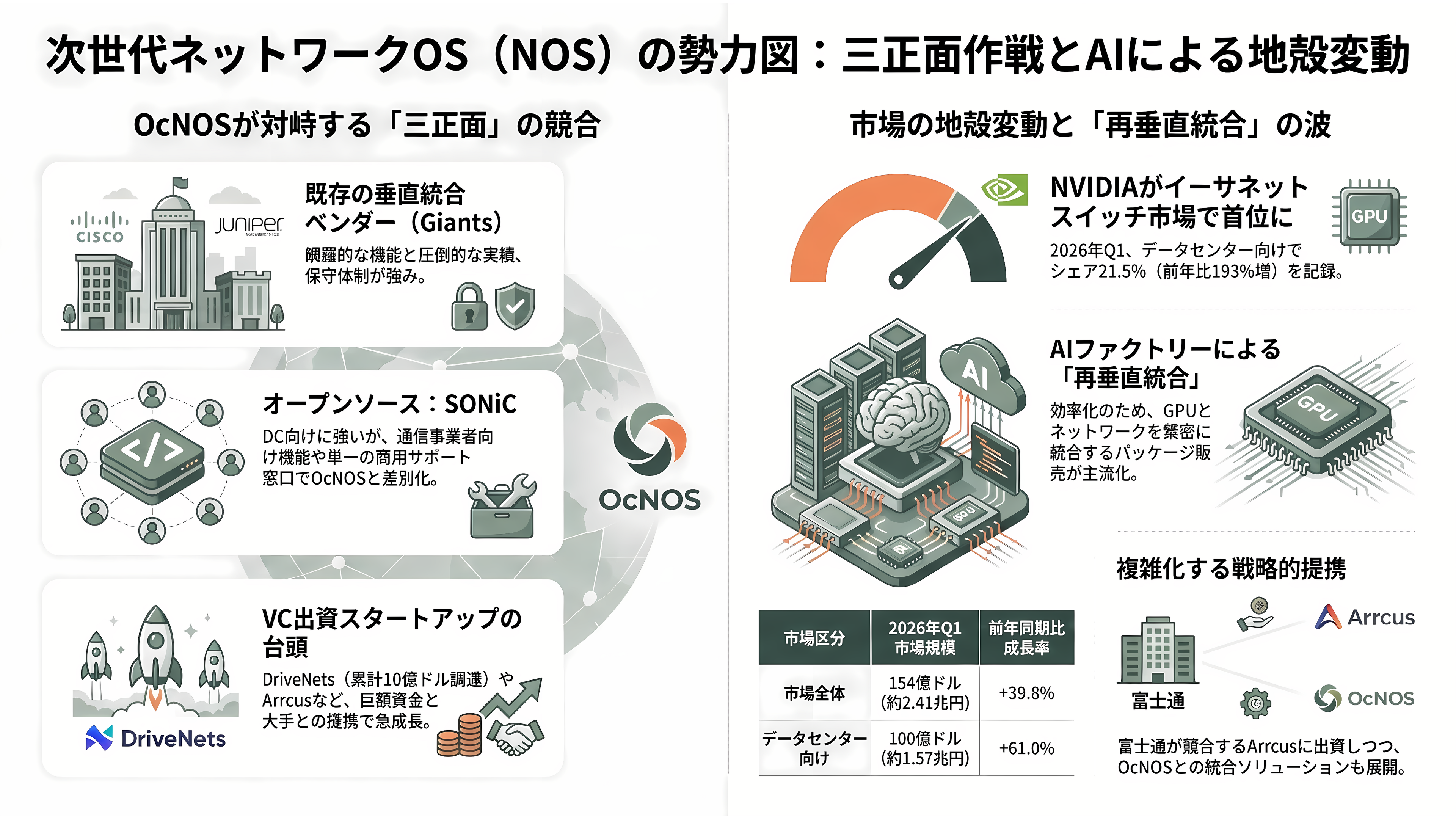 IOWN構想を支えるネットワークOS、ACCESS（4813）子会社IP Infusion（アイピーインフュージョン） OcNOS（オクノス）とは - 業界の状況① 競合 — 巨人・オープンソース・VC出資スタートアップの三正面 - 章扉