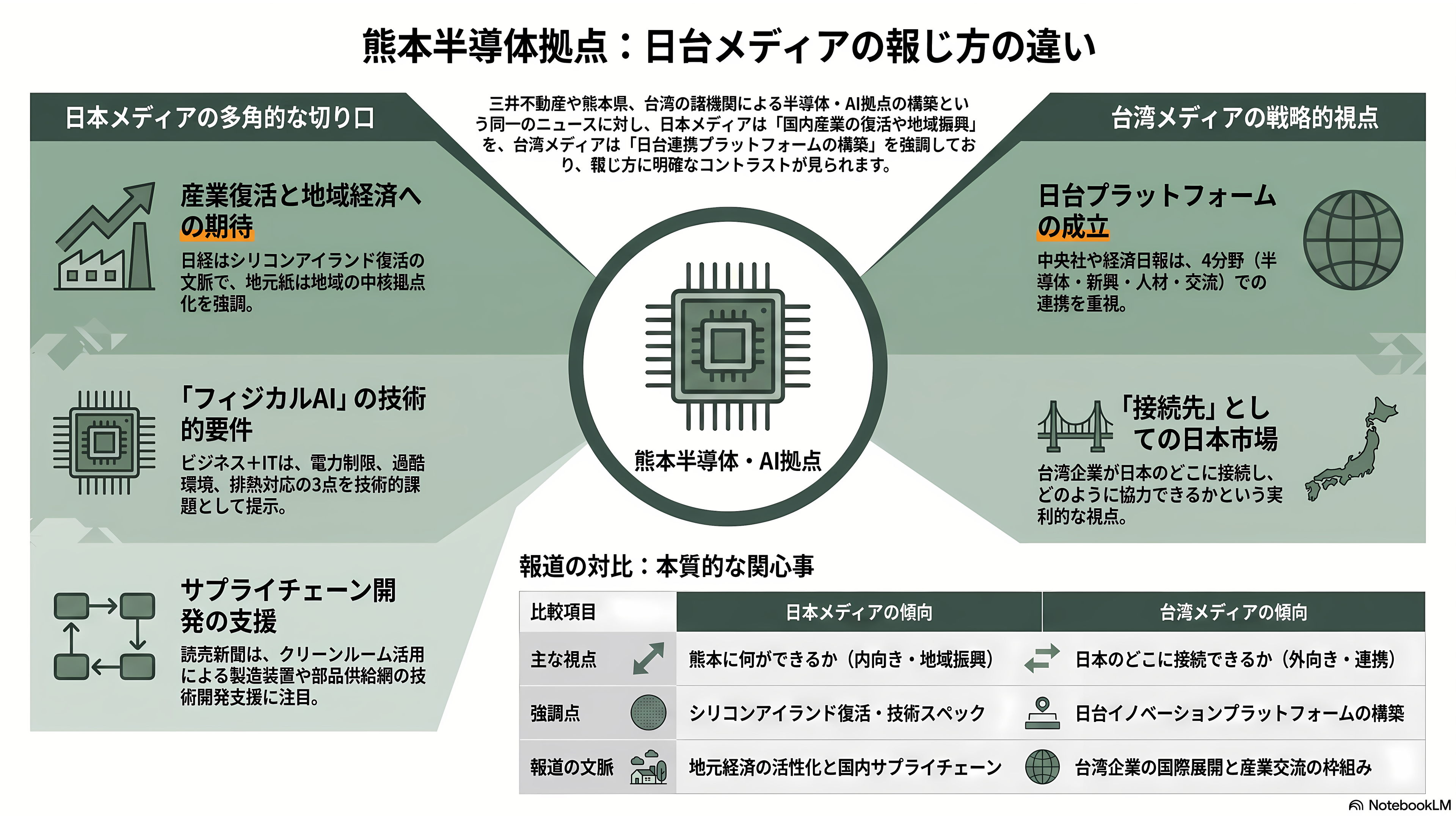 熊本県と三井不動産（8801）が共同で研究開発拠点、フィジカルＡＩ・半導体基盤センター（PASTEC）設置へ。産学官連携拠点くまもとサイエンスパーク内。 - 各紙・台湾メディアの報じ方の違い - 章扉