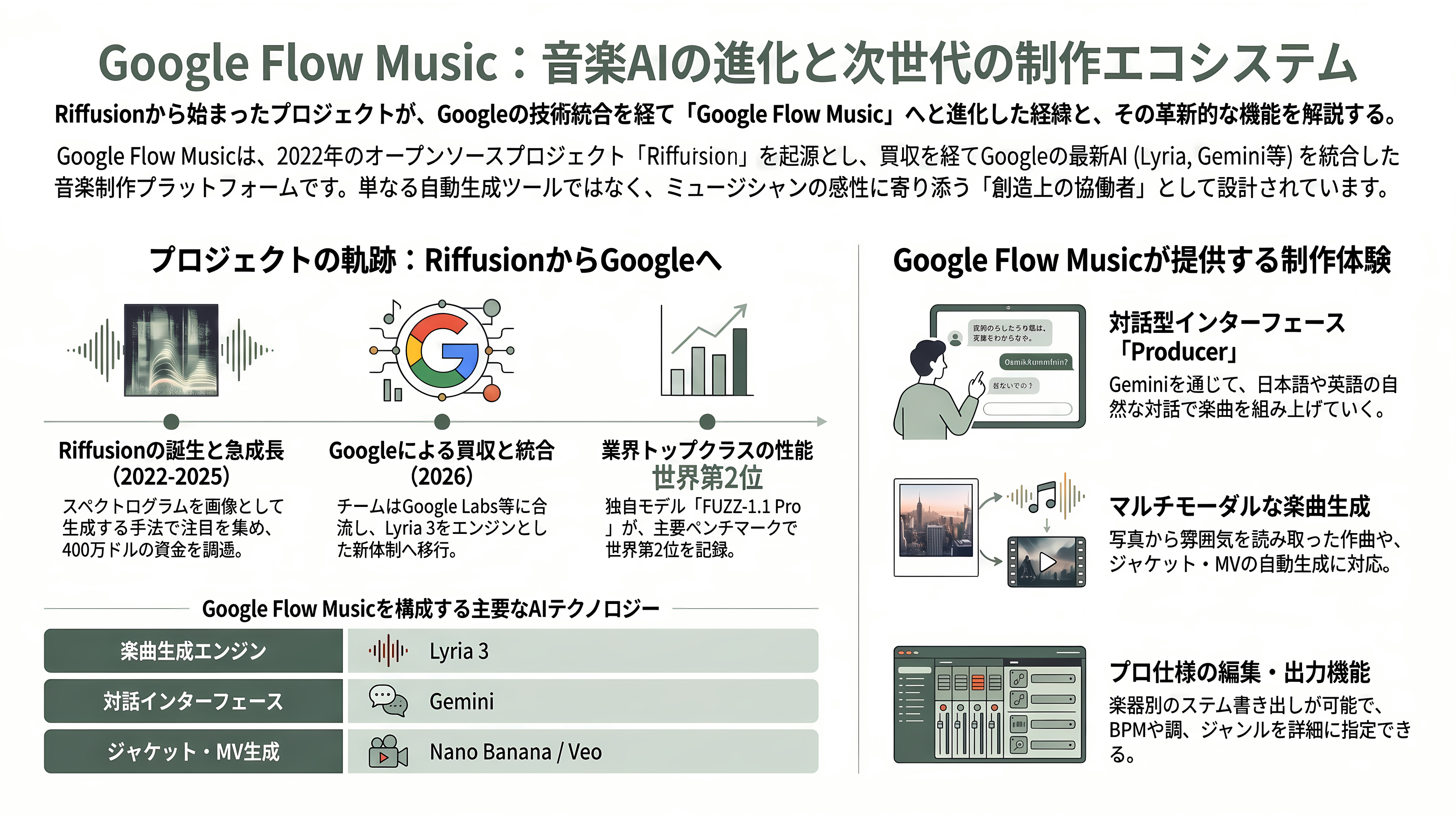 Google 音楽生成AI、Lyria 3.5を発表。豊かな楽曲性の向上と、歌詞やボーカルの強化 - Google Flow Music とは何か — Riffusionから続く系譜 - 章扉