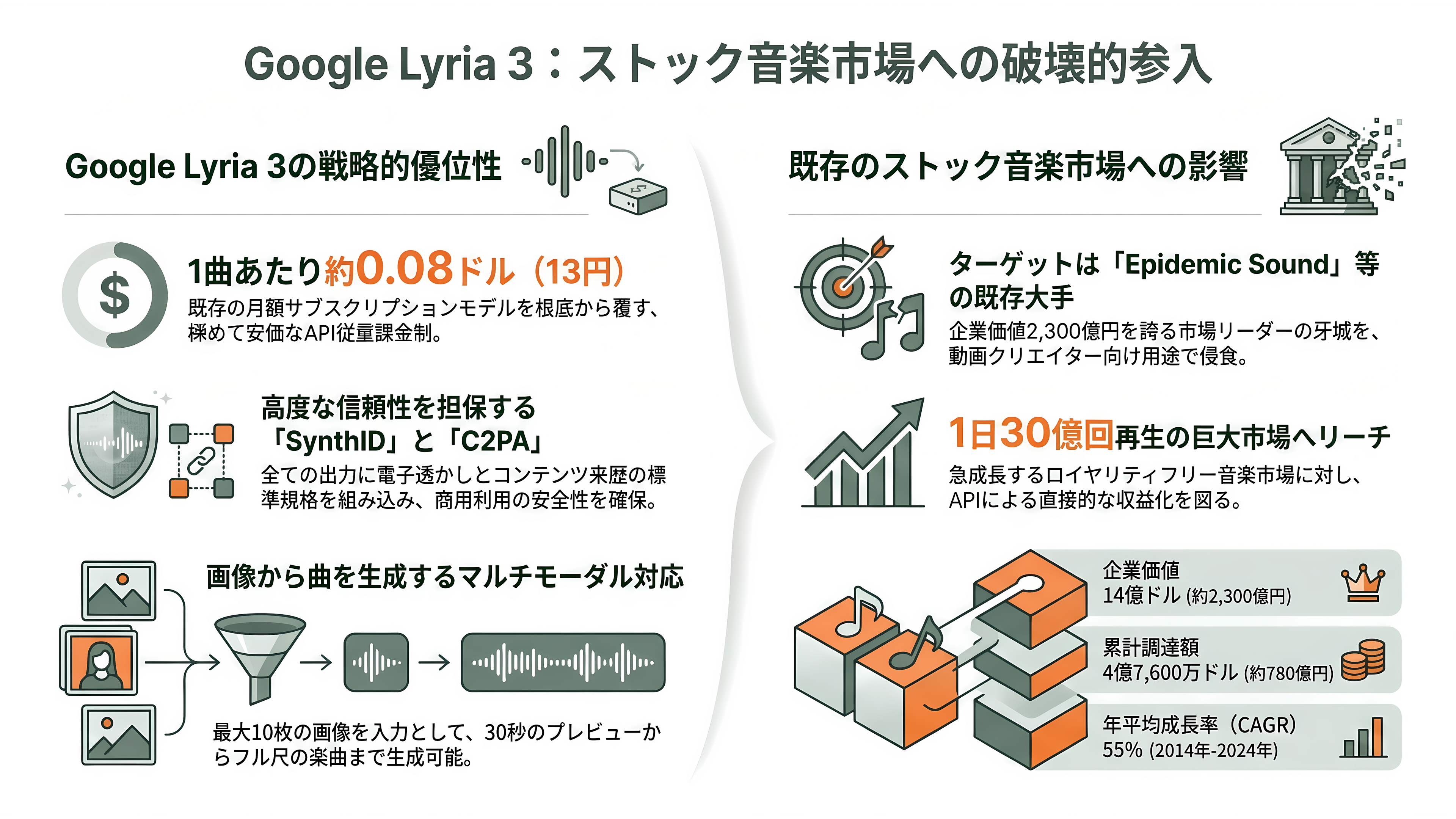 Google 音楽生成AI、Lyria 3.5を発表。豊かな楽曲性の向上と、歌詞やボーカルの強化 - 無料枠・API・そしてストック音楽市場という本当の標的 - 章扉