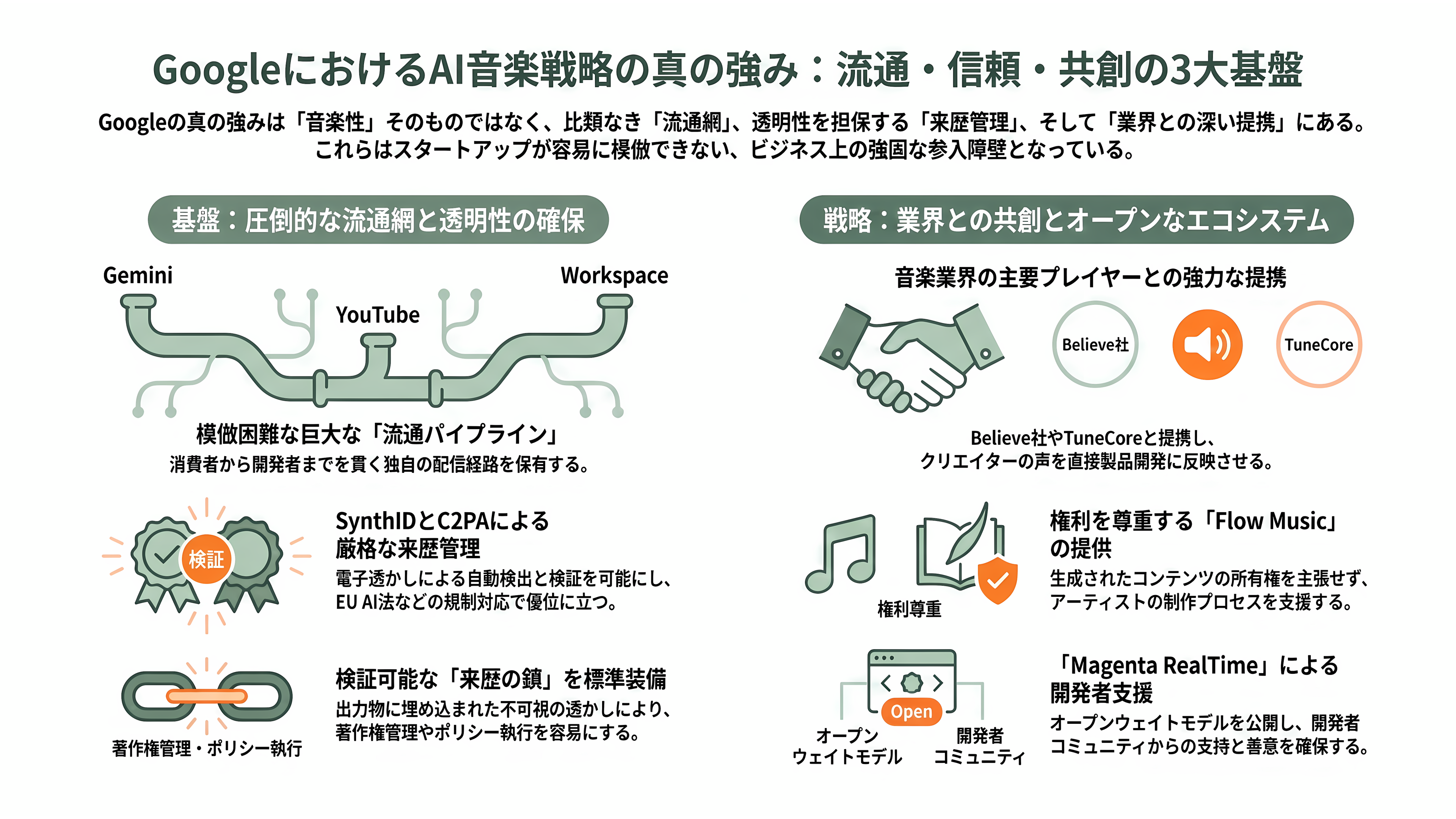 Google 音楽生成AI、Lyria 3.5を発表。豊かな楽曲性の向上と、歌詞やボーカルの強化 - 強み — 音楽性ではなく、流通と来歴管理 - 章扉