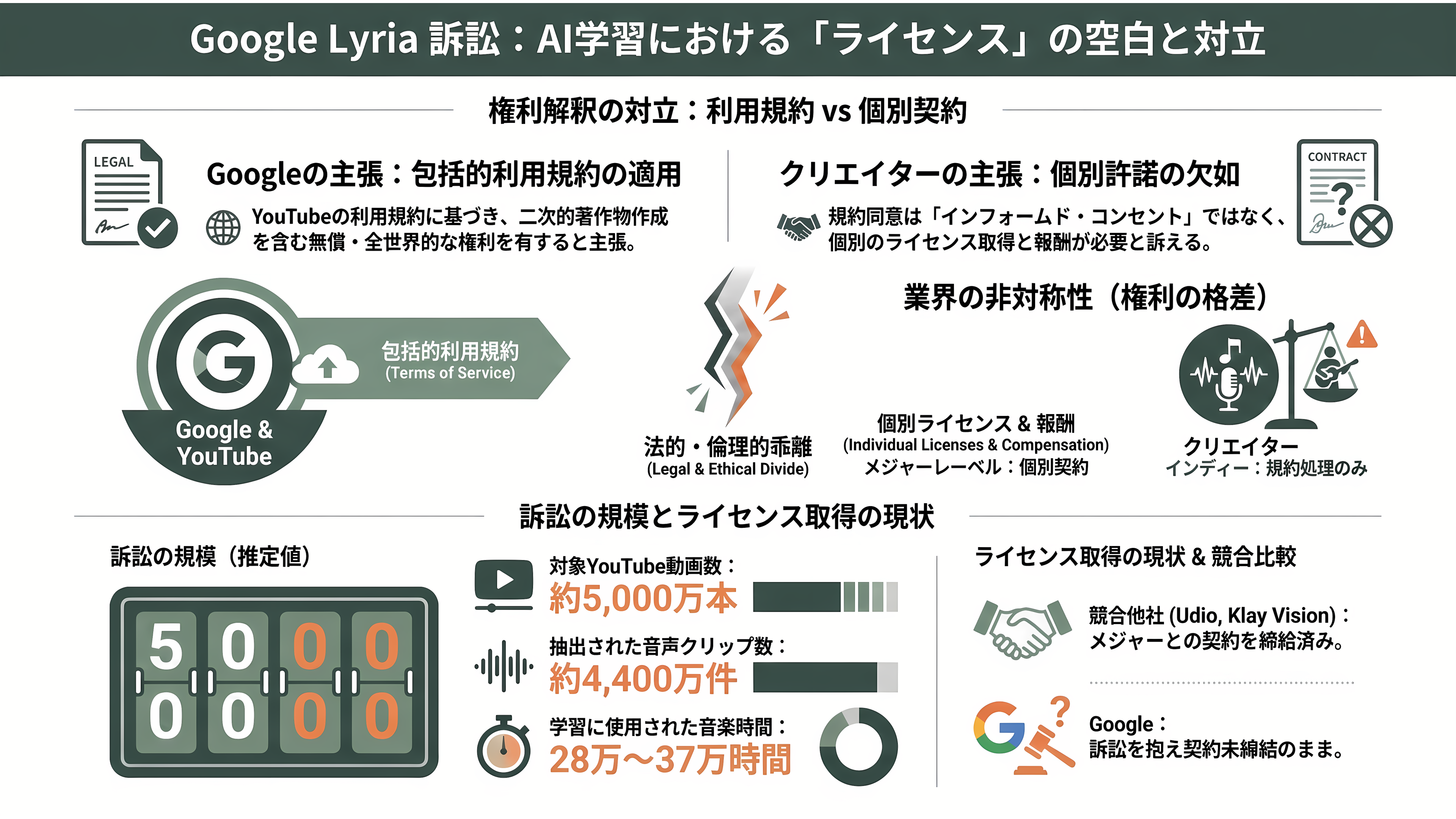 Google 音楽生成AI、Lyria 3.5を発表。豊かな楽曲性の向上と、歌詞やボーカルの強化 - 課題 — 「ライセンス済み」という言葉の空白 - 章扉