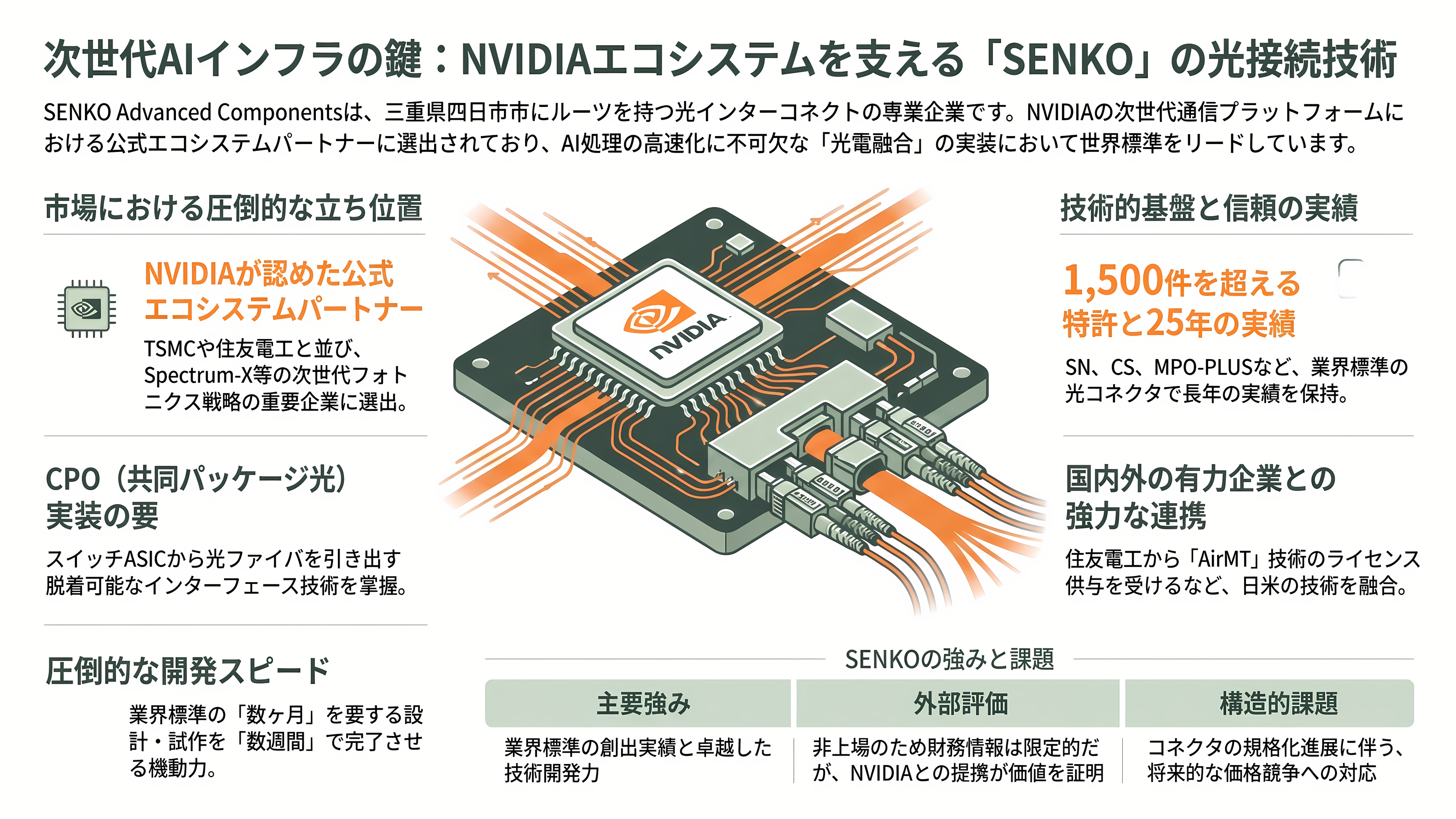 特集 NTT IOWN（アイオン）構想 光電融合プレイヤー企業 34選 - SENKO Advanced Components——四日市発、NVIDIAエコシステム入りした光コネクタ - 章扉