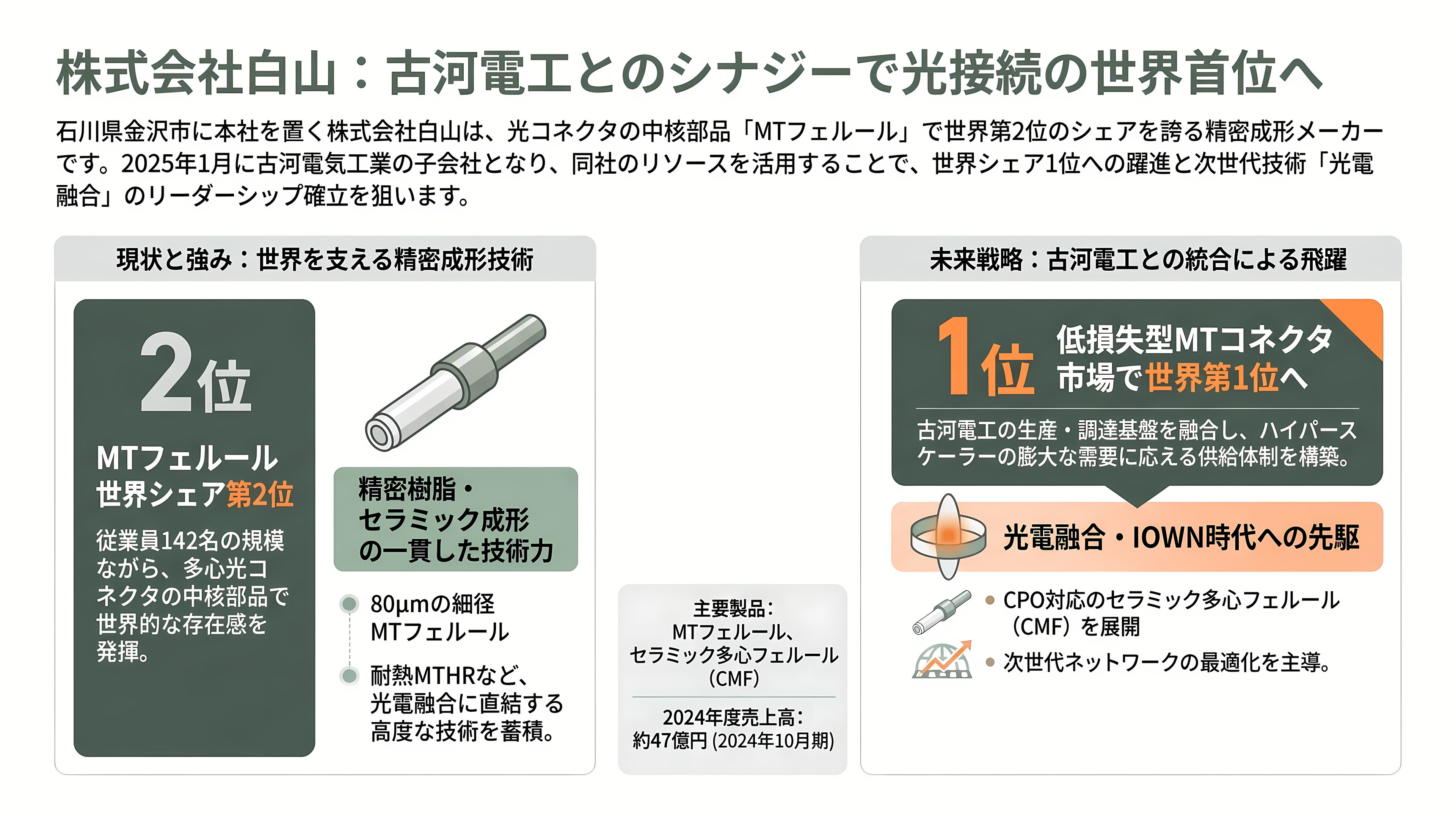 特集 NTT IOWN（アイオン）構想 光電融合プレイヤー企業 34選 - 白山——MTフェルール世界2位、古河電工傘下で「1位」を狙う金沢の精密企業 - 章扉