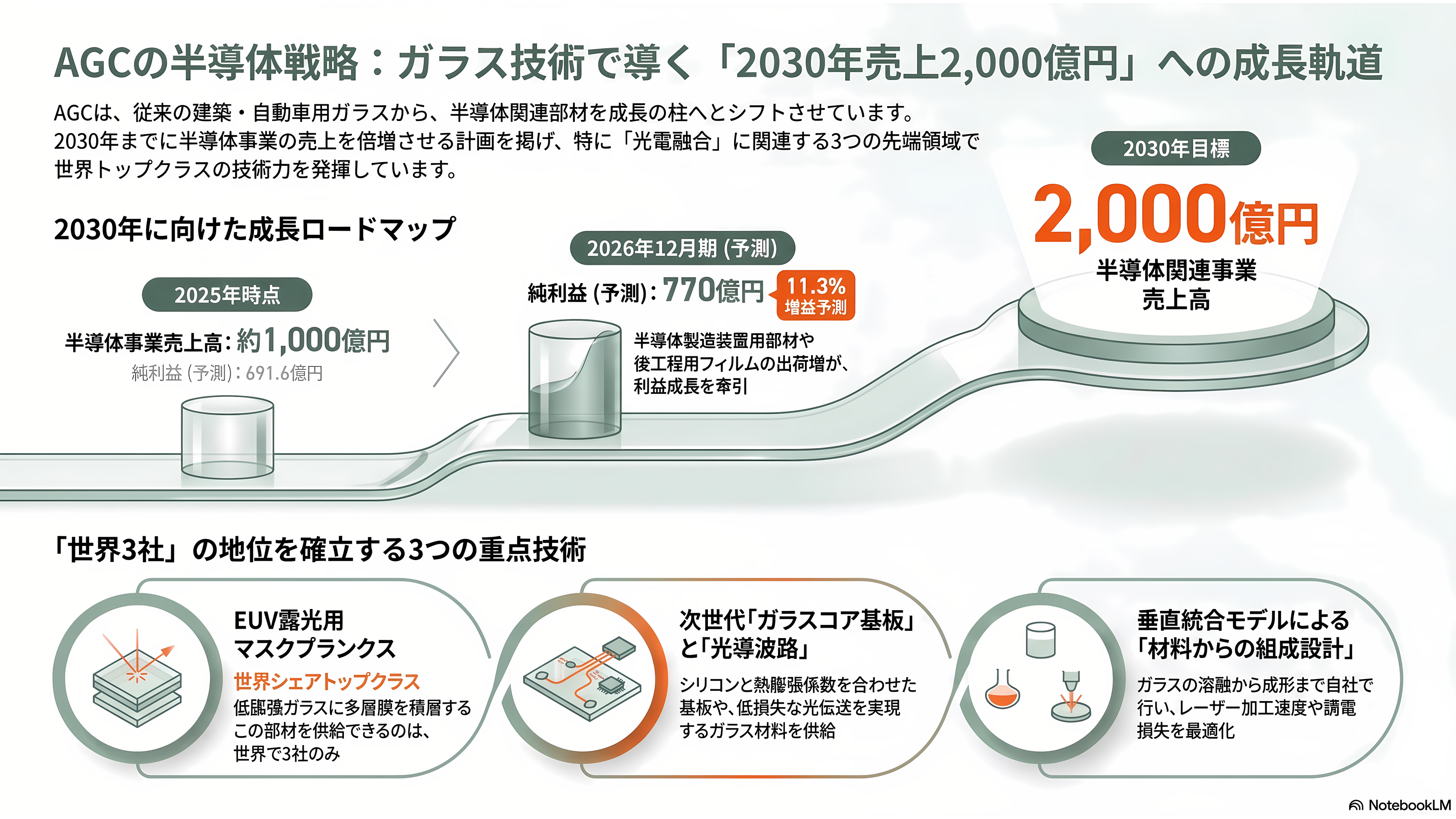 特集 NTT IOWN（アイオン）構想 光電融合プレイヤー企業 34選 - AGC——ガラスコア基板と光導波路、EUVマスクブランクスの「世界3社」 - 章扉