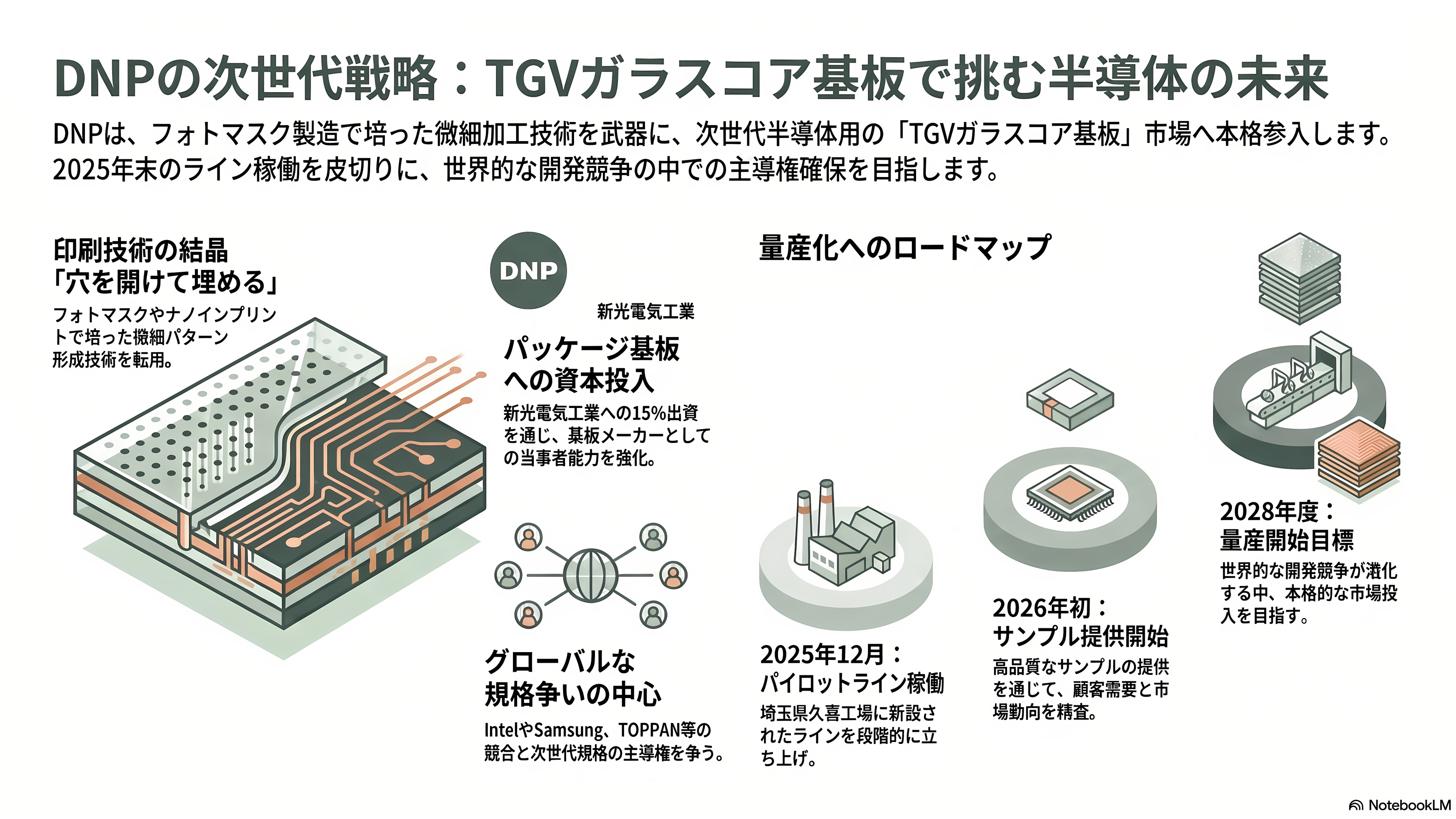 特集 NTT IOWN（アイオン）構想 光電融合プレイヤー企業 34選 - DNP（大日本印刷）——TGVガラスコア基板のパイロットライン、2028年度量産へ - 章扉