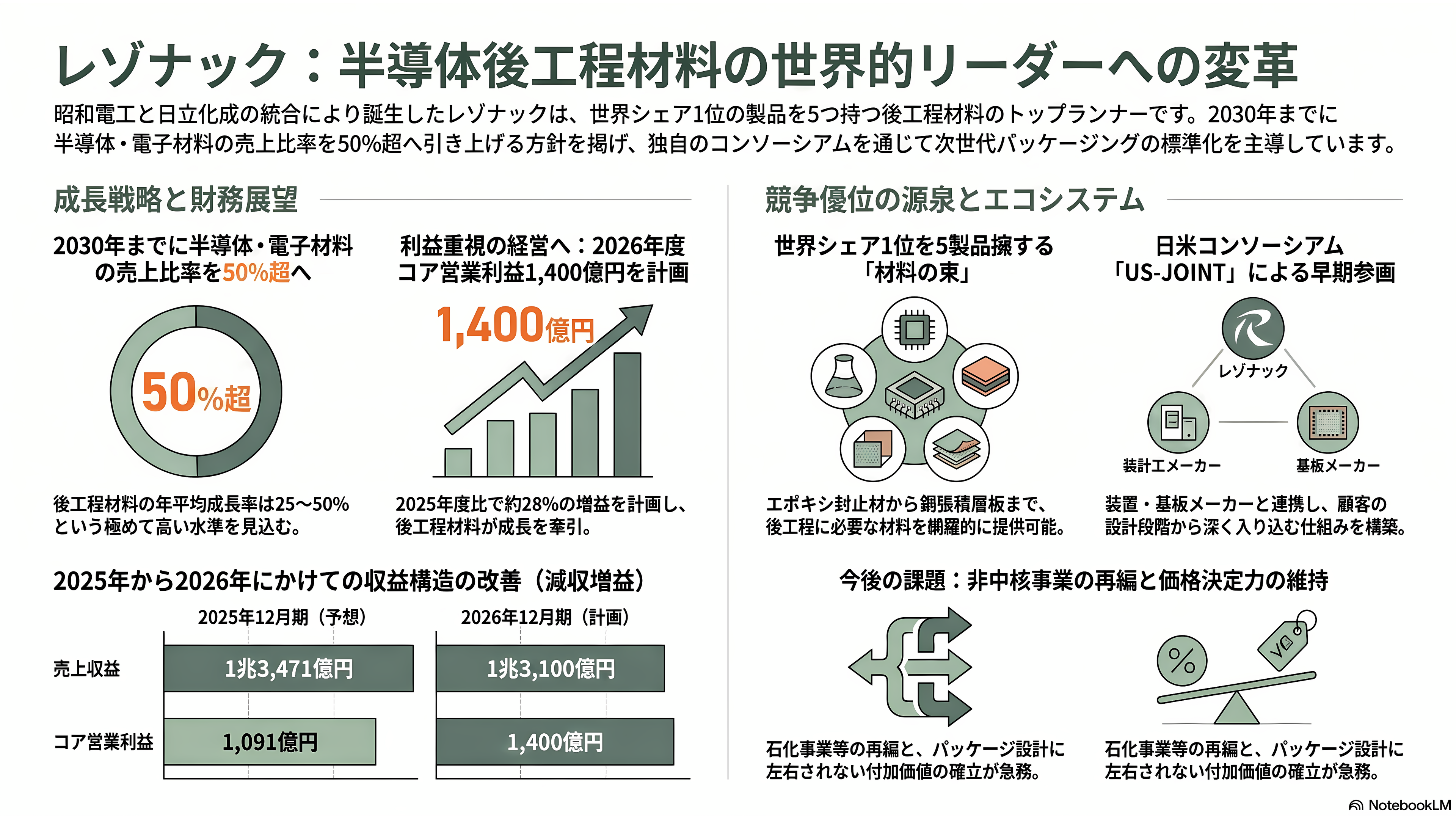 特集 NTT IOWN（アイオン）構想 光電融合プレイヤー企業 34選 - レゾナック——後工程材料の総合力とUS-JOINT、半導体比率50%超へ - 章扉