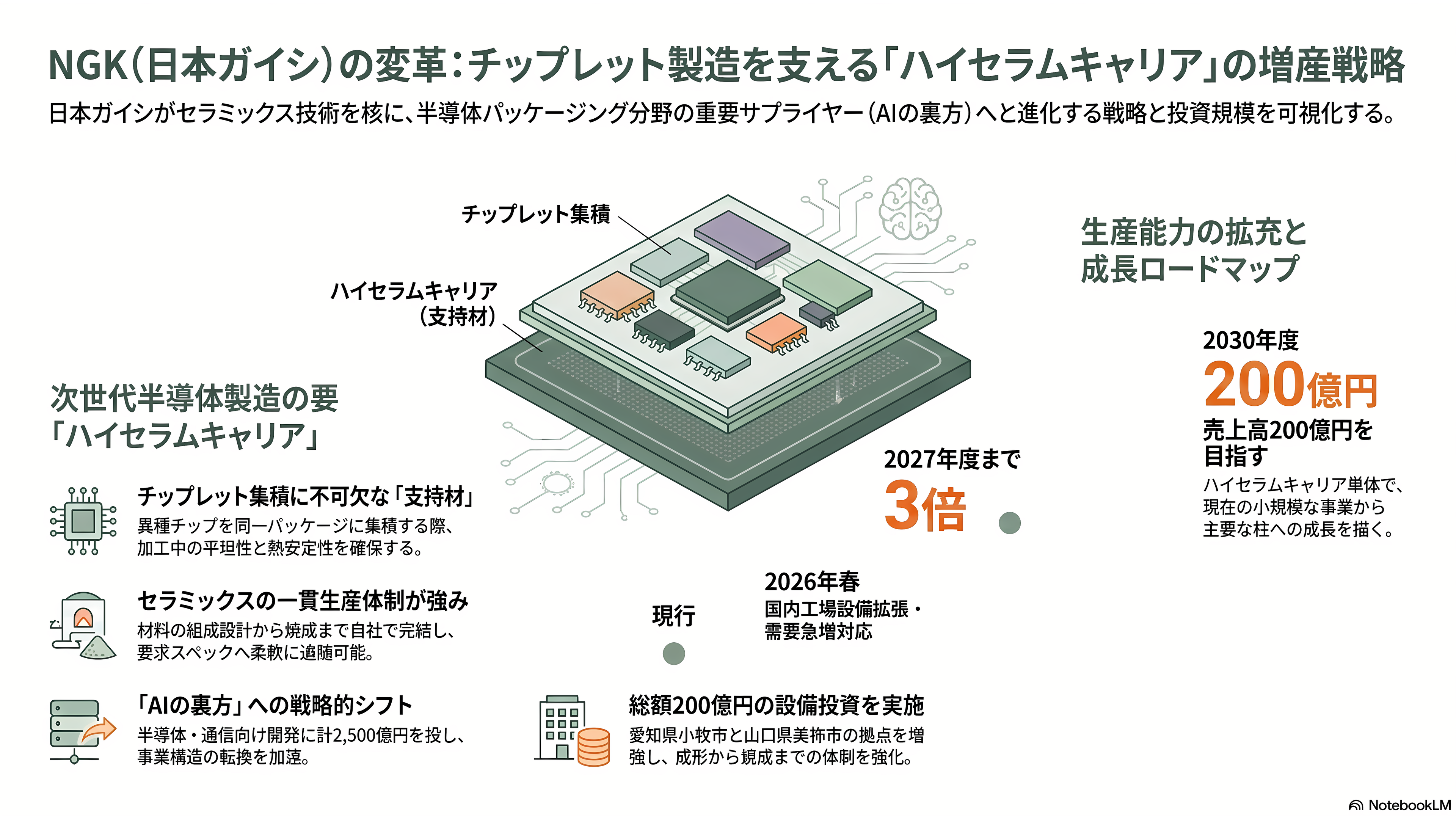 特集 NTT IOWN（アイオン）構想 光電融合プレイヤー企業 34選 - NGK（日本ガイシ）——チップレット支持材「ハイセラムキャリア」を3倍に - 章扉