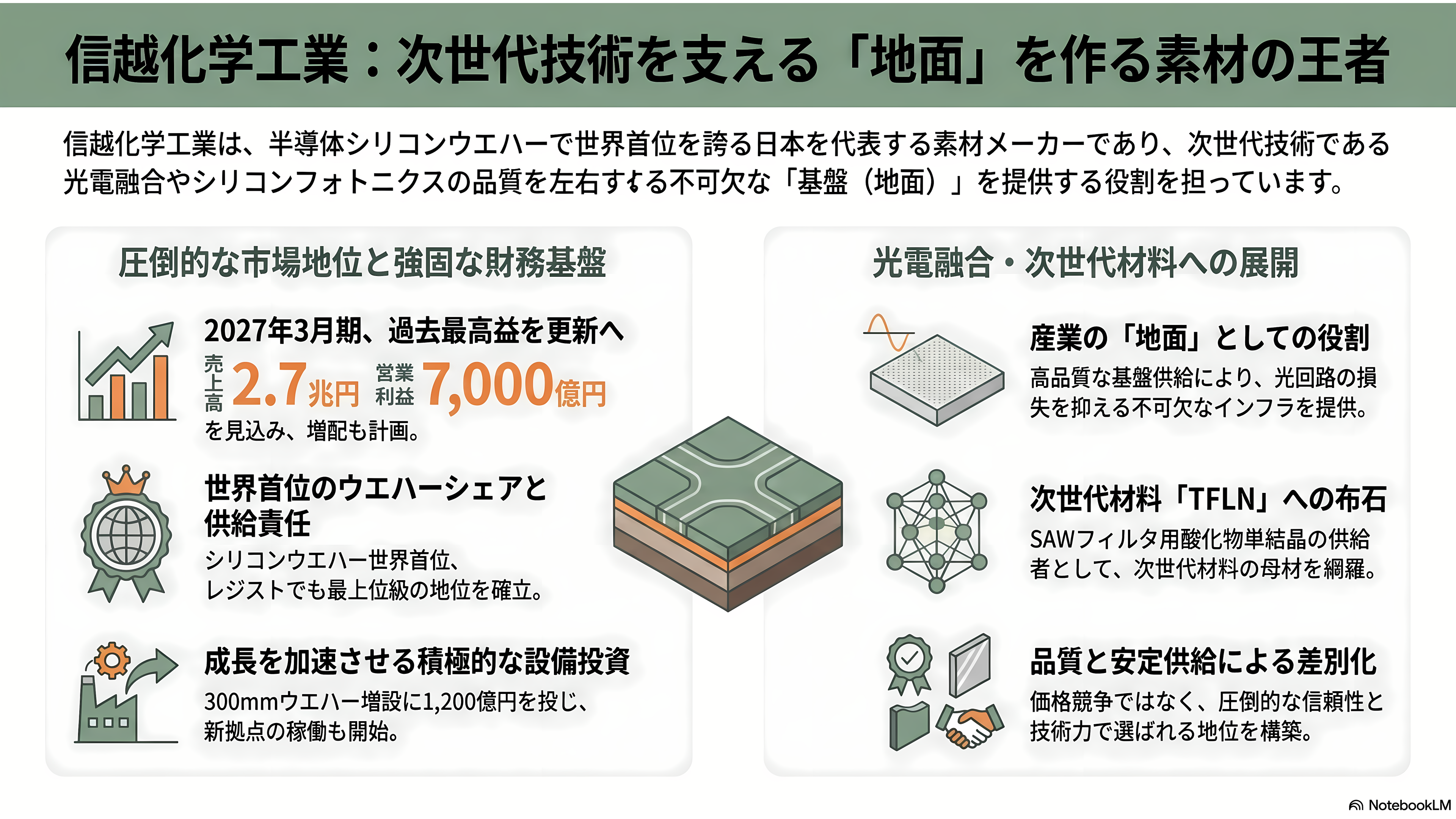 特集 NTT IOWN（アイオン）構想 光電融合プレイヤー企業 34選 - 信越化学工業——シリコンウエハーとフォトレジスト、光電融合の「地面」を作る - 章扉