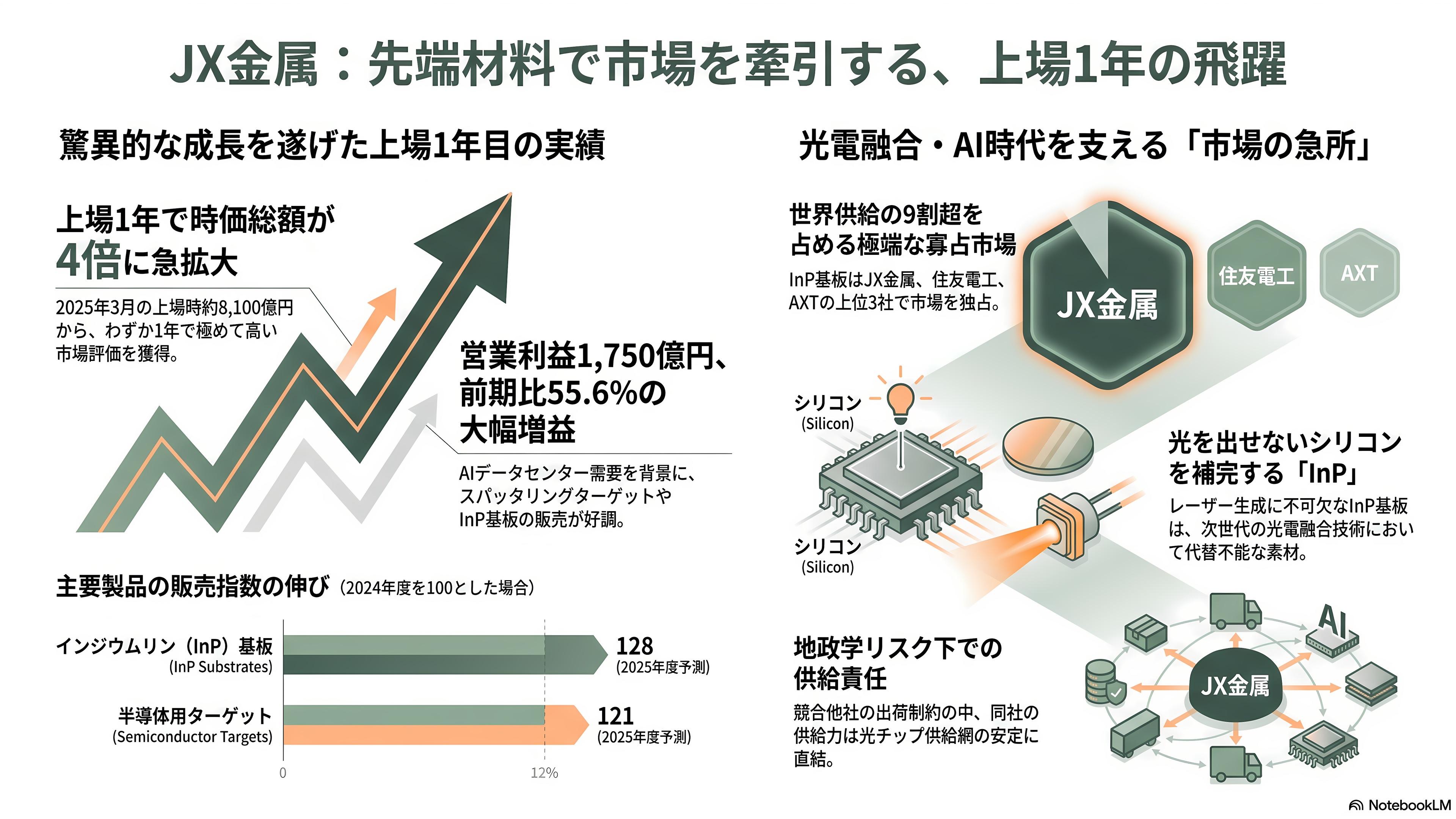 特集 NTT IOWN（アイオン）構想 光電融合プレイヤー企業 34選 - JX金属——InP基板とスパッタリングターゲット、上場1年で時価総額4倍 - 章扉