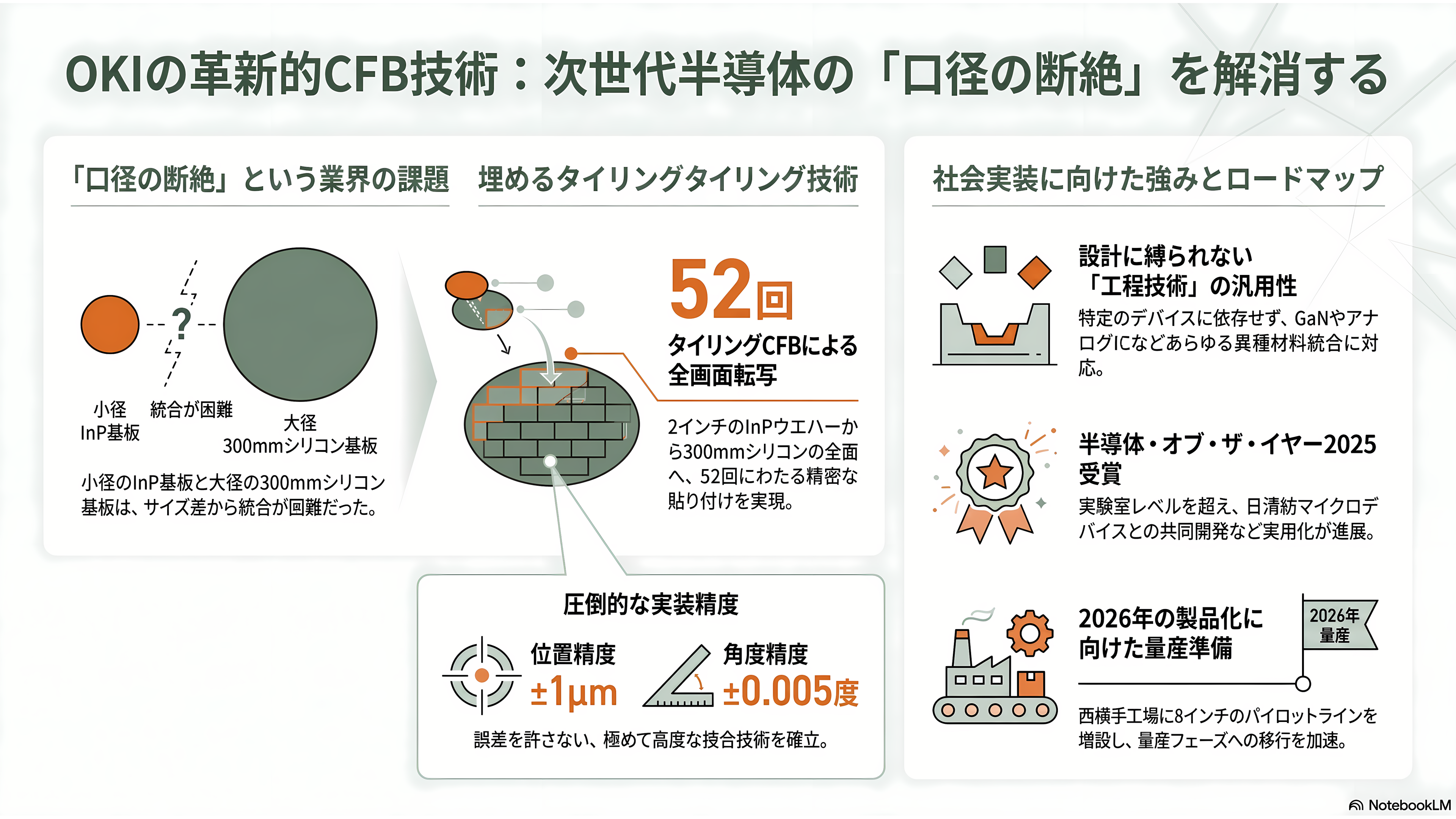 特集 NTT IOWN（アイオン）構想 光電融合プレイヤー企業 34選 - OKI——CFBで「InPをシリコン300mmに貼る」という異能 - 章扉