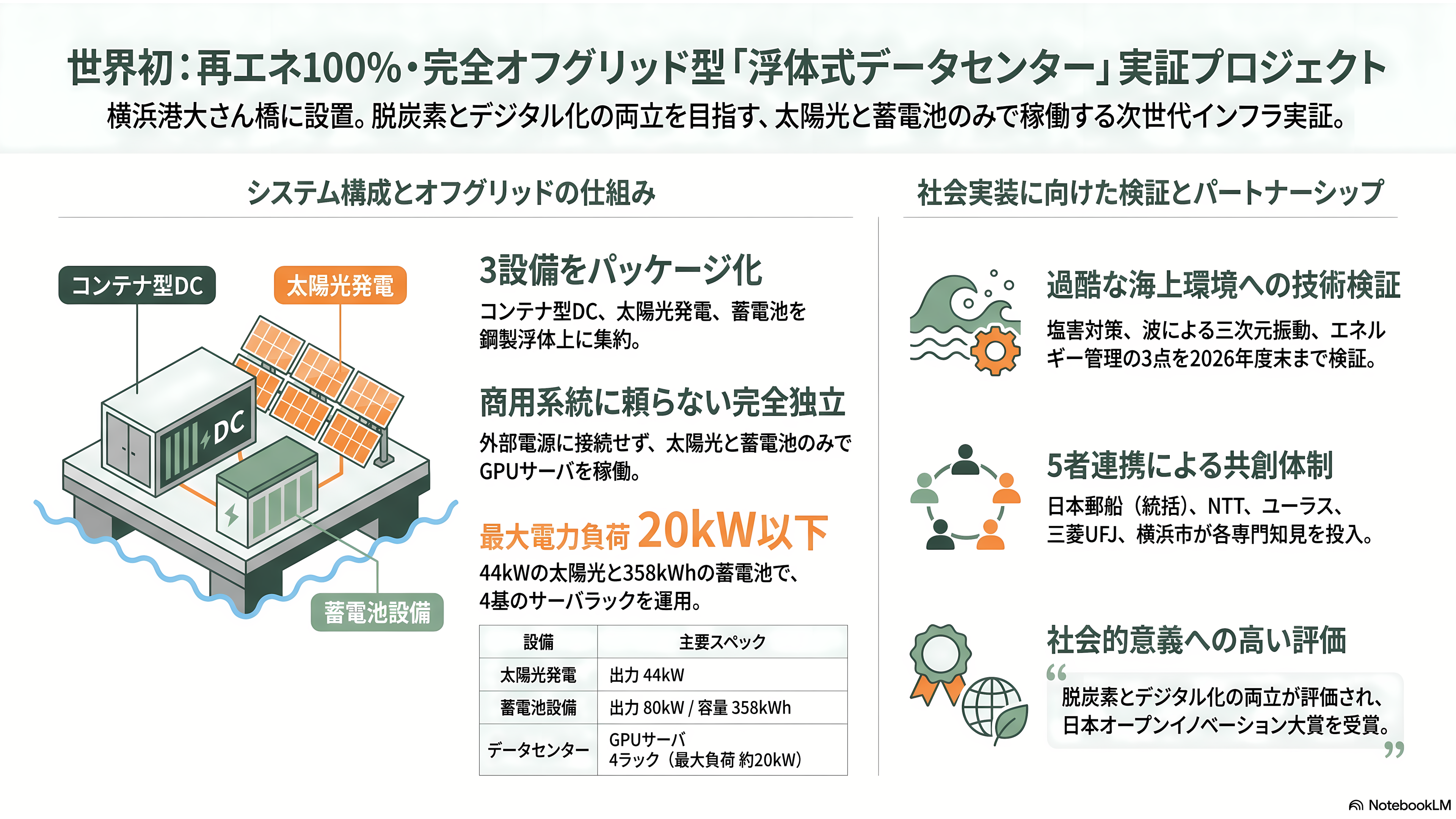日本郵船（NYK）、横浜港での世界初の洋上浮体型データセンター（FDC）の実証実験。NTTファシリティーズ、ユーラスエナジーホールディングス、三菱UFJ銀行、横浜市の5社 - 大さん橋に浮かぶ実験室──何が、どう動いているのか - 章扉