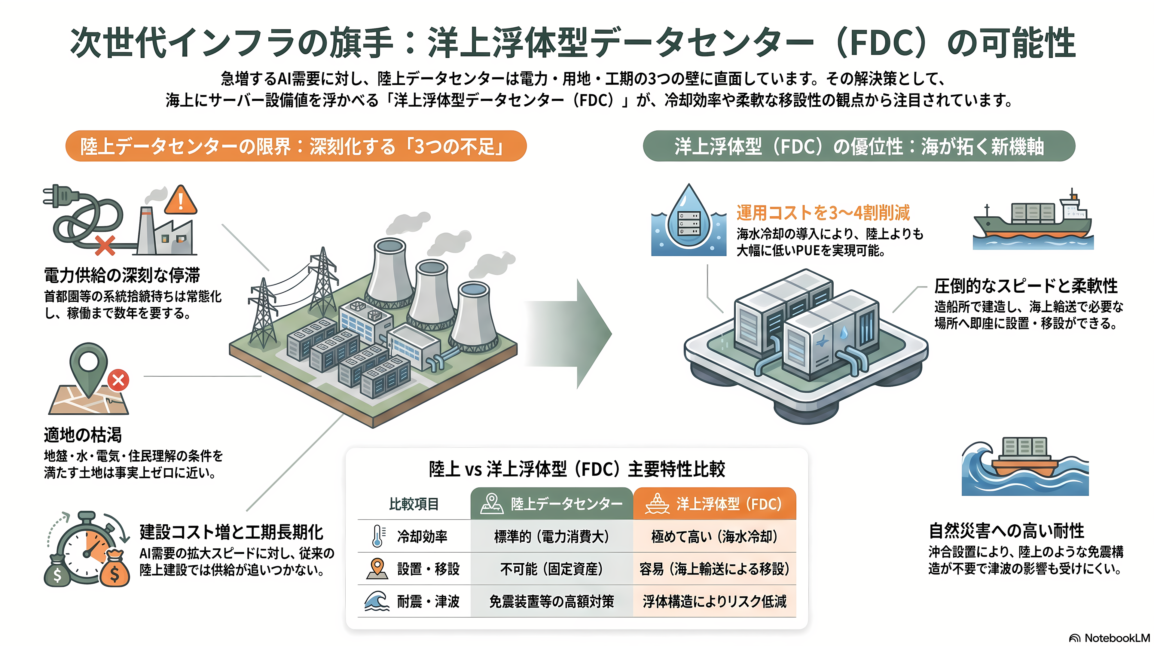 日本郵船（NYK）、横浜港での世界初の洋上浮体型データセンター（FDC）の実証実験。NTTファシリティーズ、ユーラスエナジーホールディングス、三菱UFJ銀行、横浜市の5社 - 洋上浮体型データセンター（FDC）とは何か - 章扉