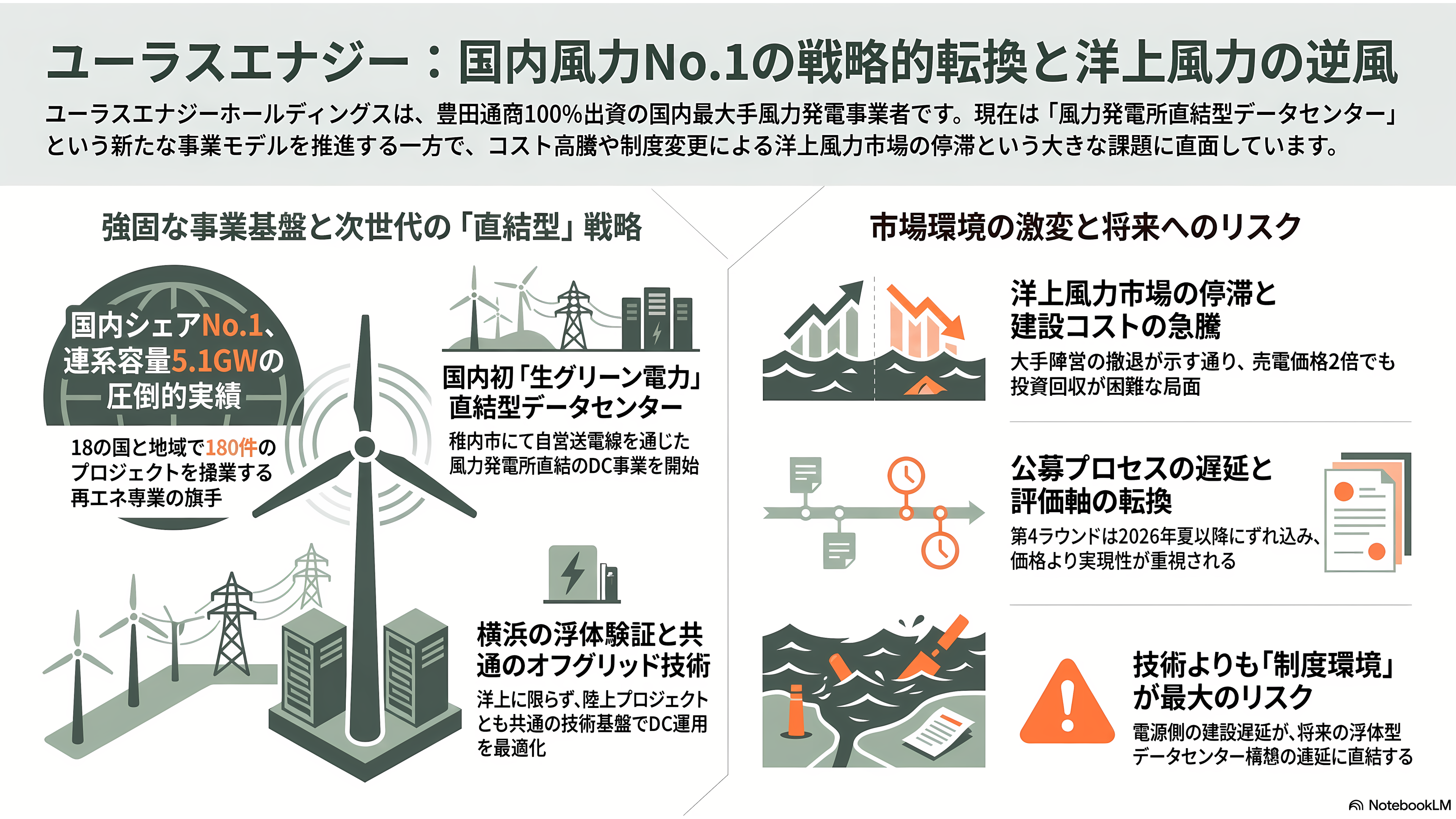 日本郵船（NYK）、横浜港での世界初の洋上浮体型データセンター（FDC）の実証実験。NTTファシリティーズ、ユーラスエナジーホールディングス、三菱UFJ銀行、横浜市の5社 - ユーラスエナジーホールディングス──国内風力No.1の強みと、洋上風力の逆風 - 章扉