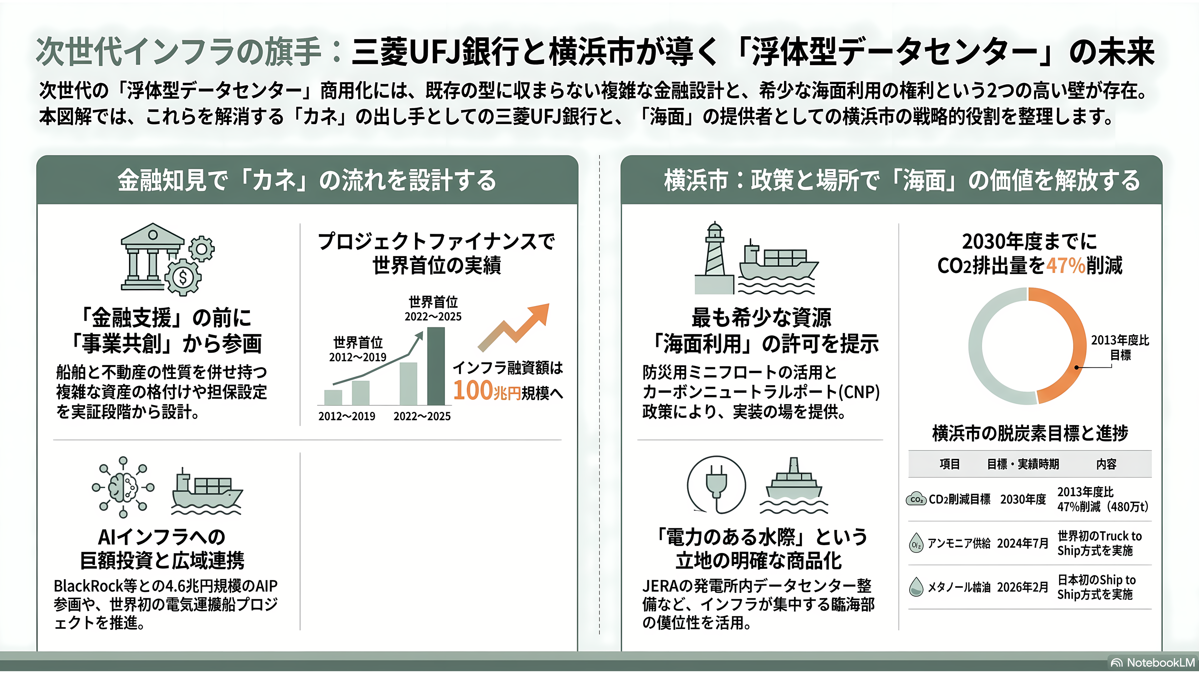 日本郵船（NYK）、横浜港での世界初の洋上浮体型データセンター（FDC）の実証実験。NTTファシリティーズ、ユーラスエナジーホールディングス、三菱UFJ銀行、横浜市の5社 - 三菱UFJ銀行と横浜市──「カネ」と「海面」を握る二つのイネーブラー - 章扉