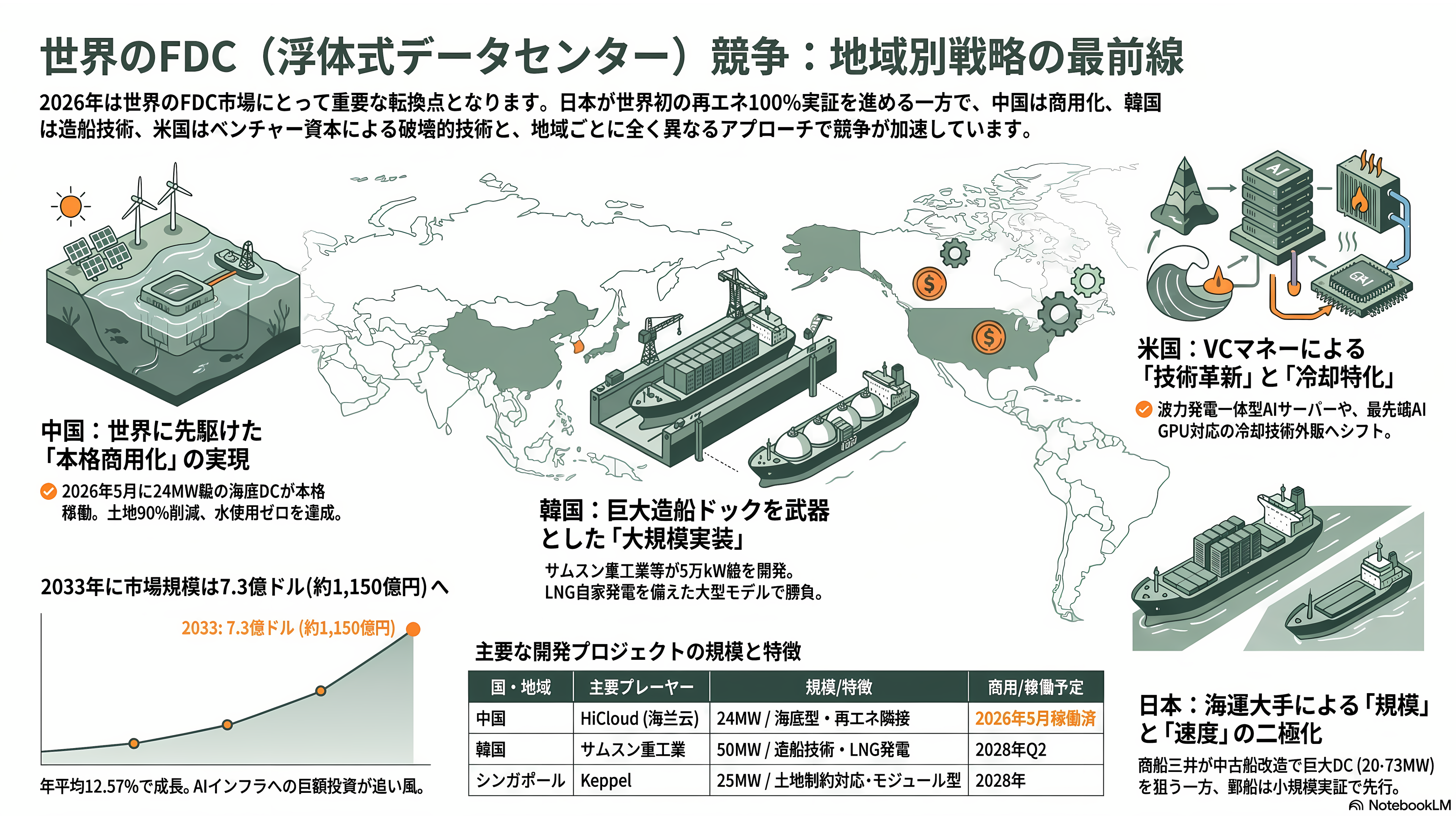 日本郵船（NYK）、横浜港での世界初の洋上浮体型データセンター（FDC）の実証実験。NTTファシリティーズ、ユーラスエナジーホールディングス、三菱UFJ銀行、横浜市の5社 - 世界のFDC競争──中国は商用化、韓国は造船ドック、米国はVCマネー - 章扉