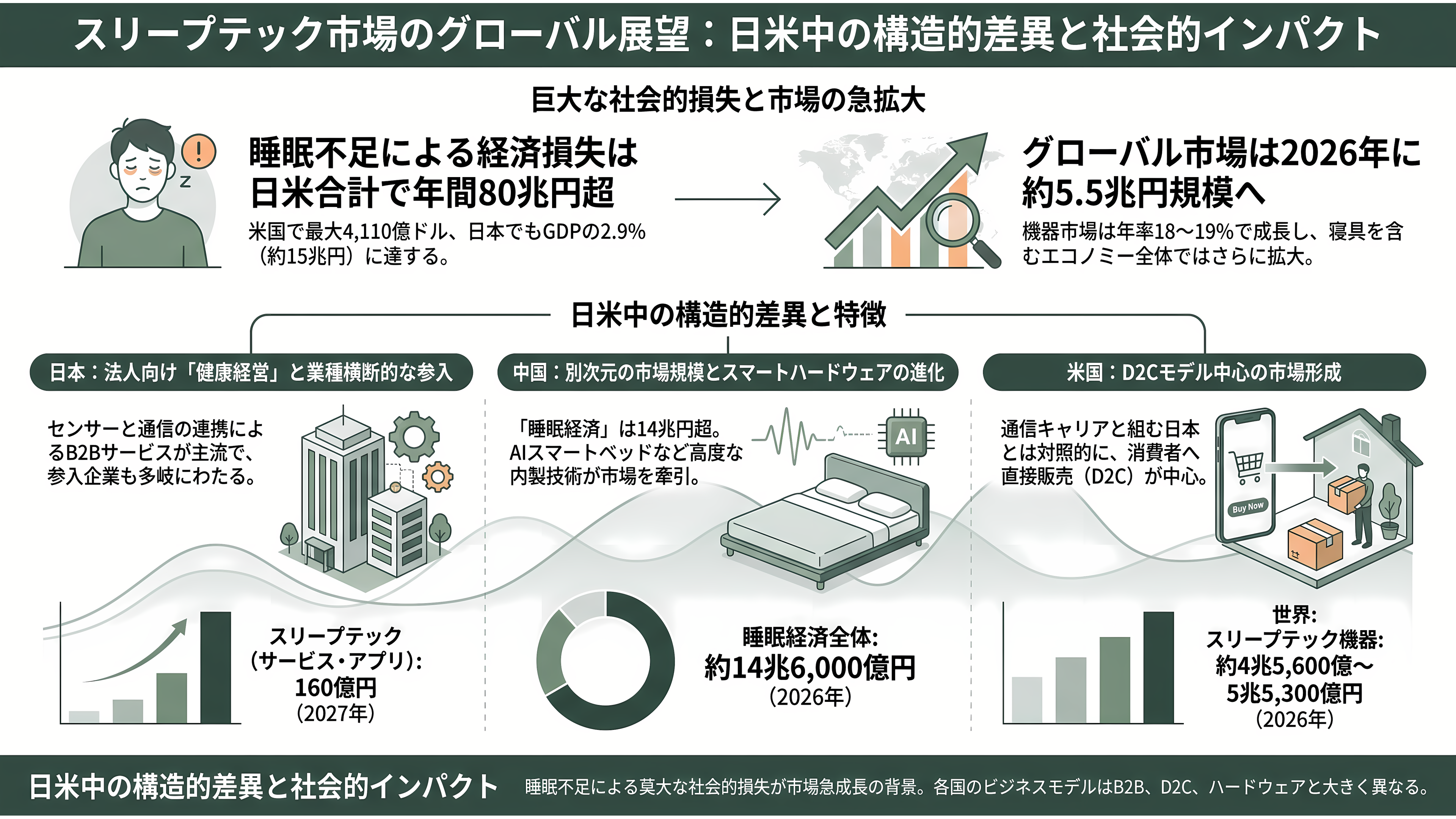 睡眠の科学、スリープテック。Eight Sleep、快眠デバイスHatch、筑波大発S'UIMIN(スイミン)、介護Rehabilitation3.0、スマートリングのOura Health - 市場を測る — 日米中で「スリープテック」の意味は違う - 章扉