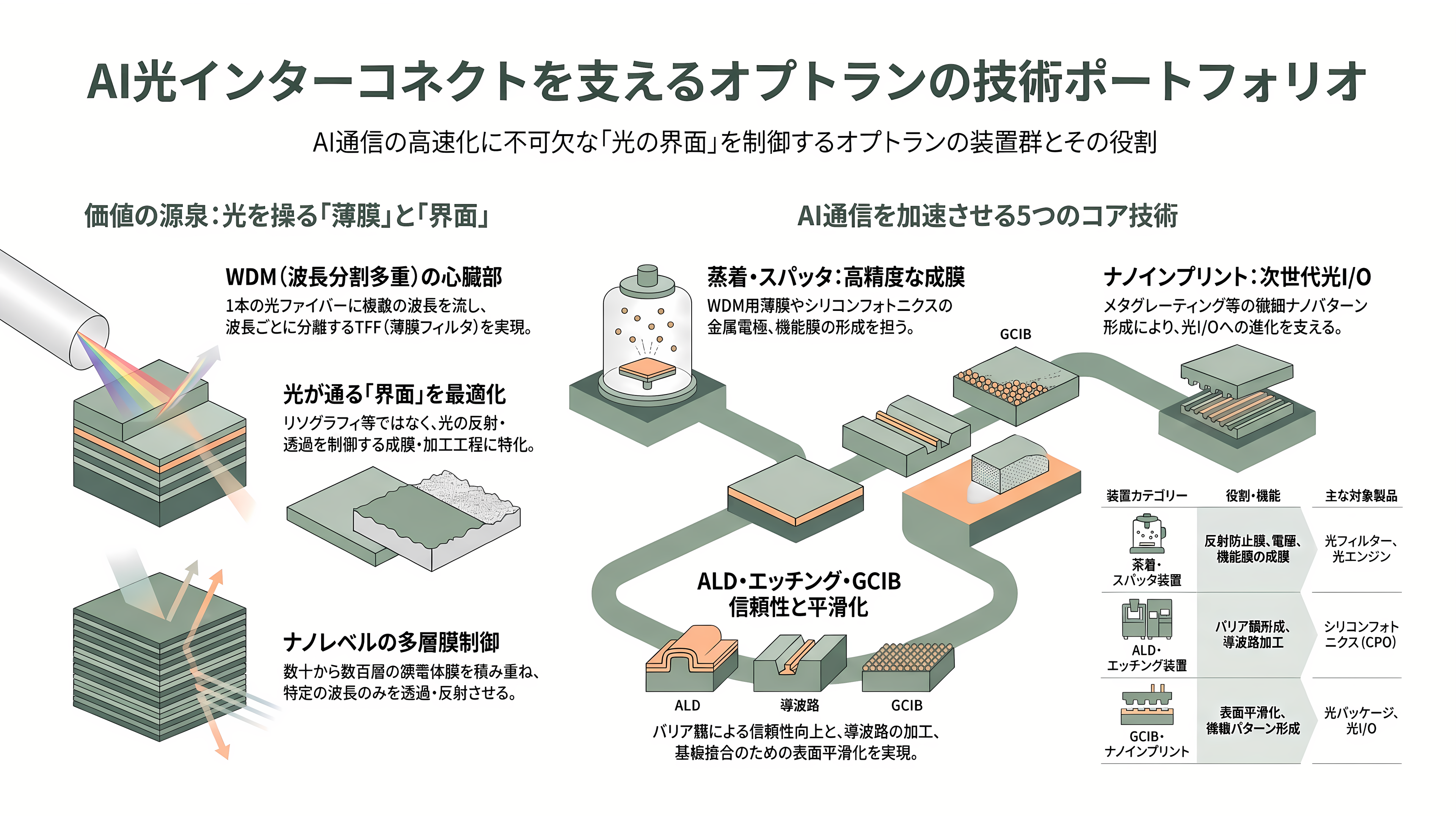 光学薄膜成膜装置からシリコンフォトニクスへ。第二の創業を掲げるオプトラン(6235)、光学融合企業への転換 - AI光インターコネクトのバリューチェーン——光学薄膜はどこに効くのか - 章扉