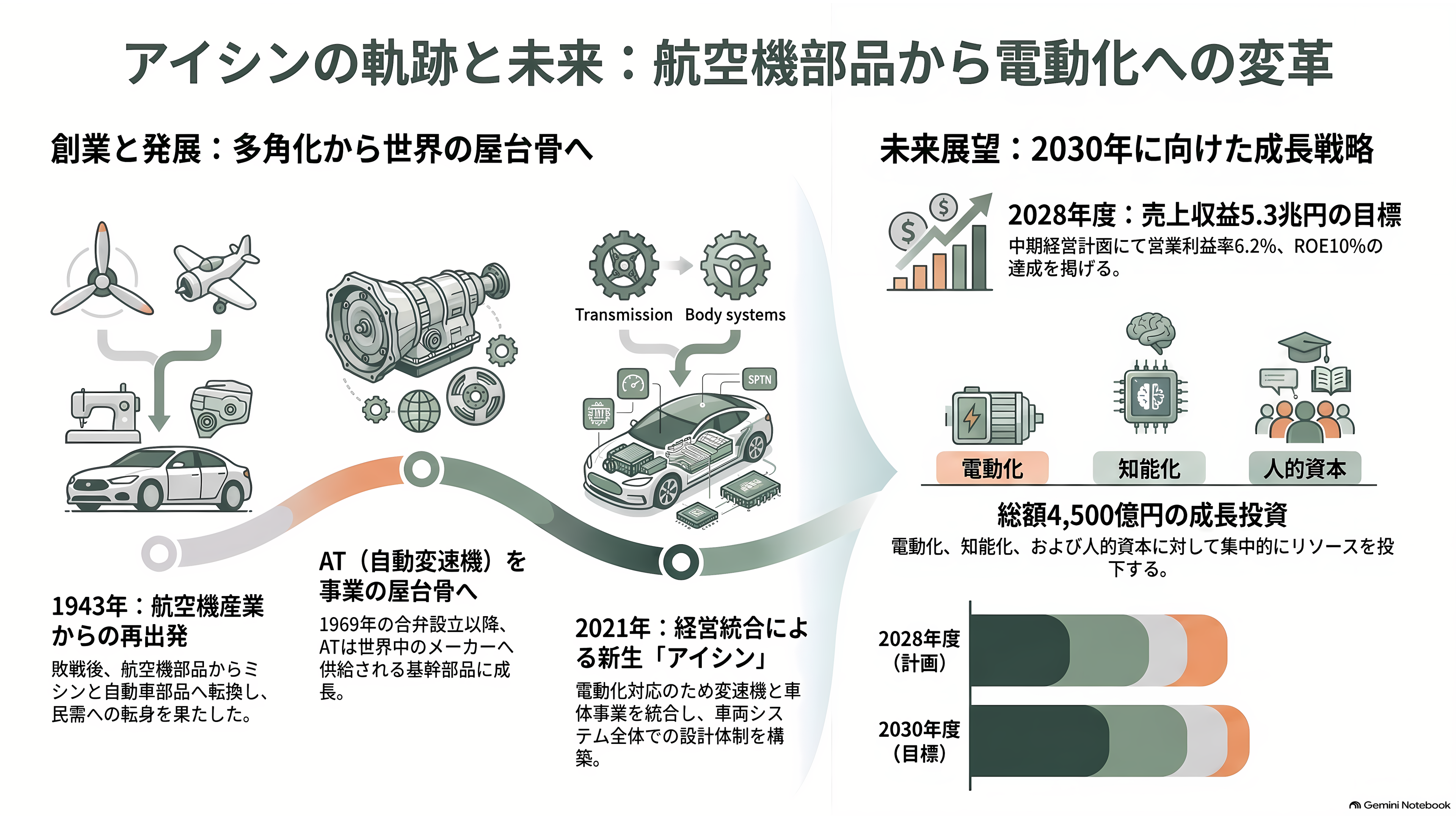 薄ガラス型ペロブスカイト太陽電池のアイシン（7259）、グリーンイノベーション基金事業（GI基金）に採択 - アイシン、創業から現在までの歩み ― 航空機部品からミシン、ATを経てエネルギーへ - 章扉