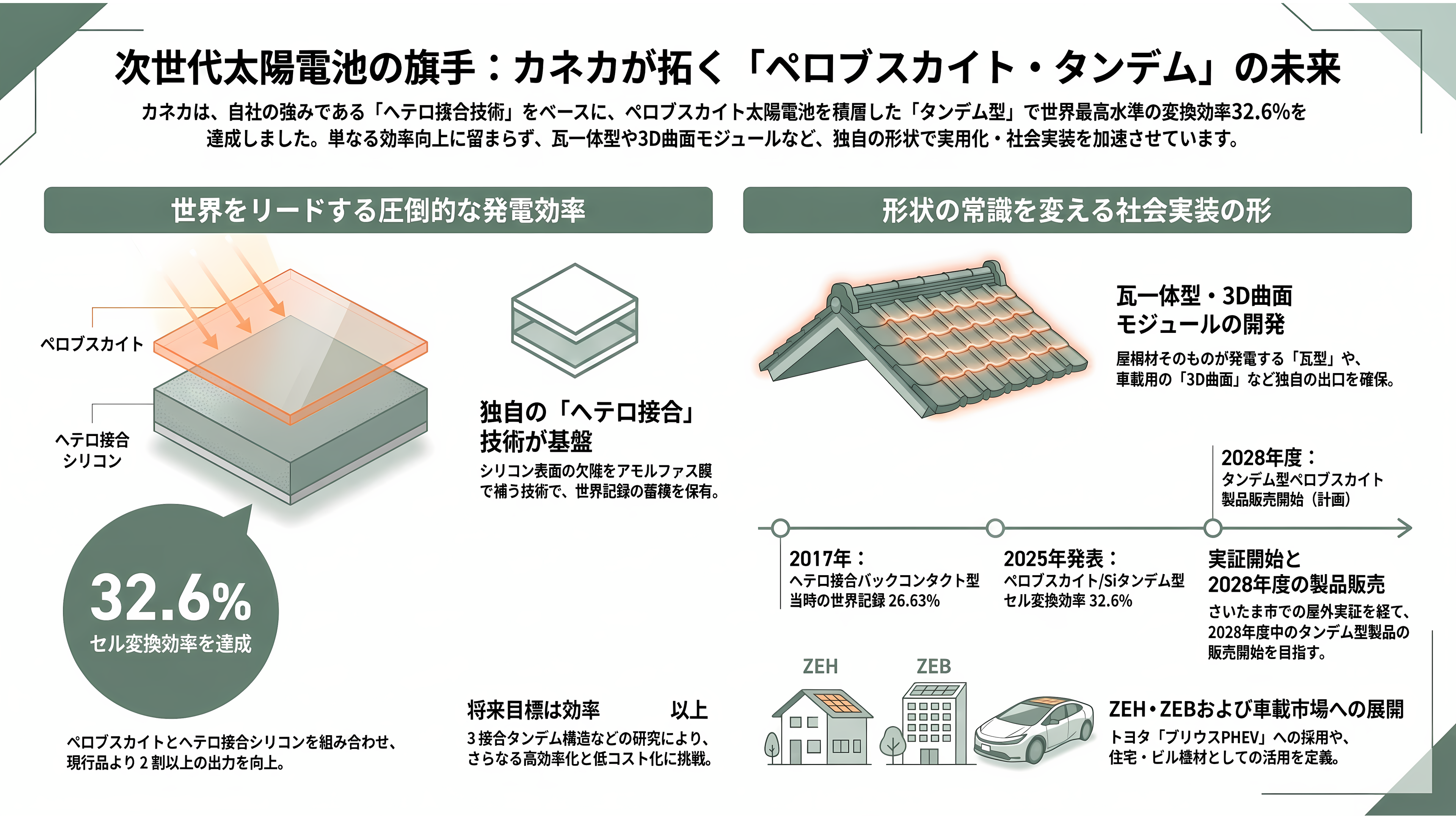 カネカ、次世代型タンデム太陽電池量産技術実証事業が、グリーンイノベーション基金事業(GI基金)に採択 - カネカが持ち込んだ手札 ― ヘテロ接合の世界記録、32.6%のセル、瓦と3D曲面 - 章扉