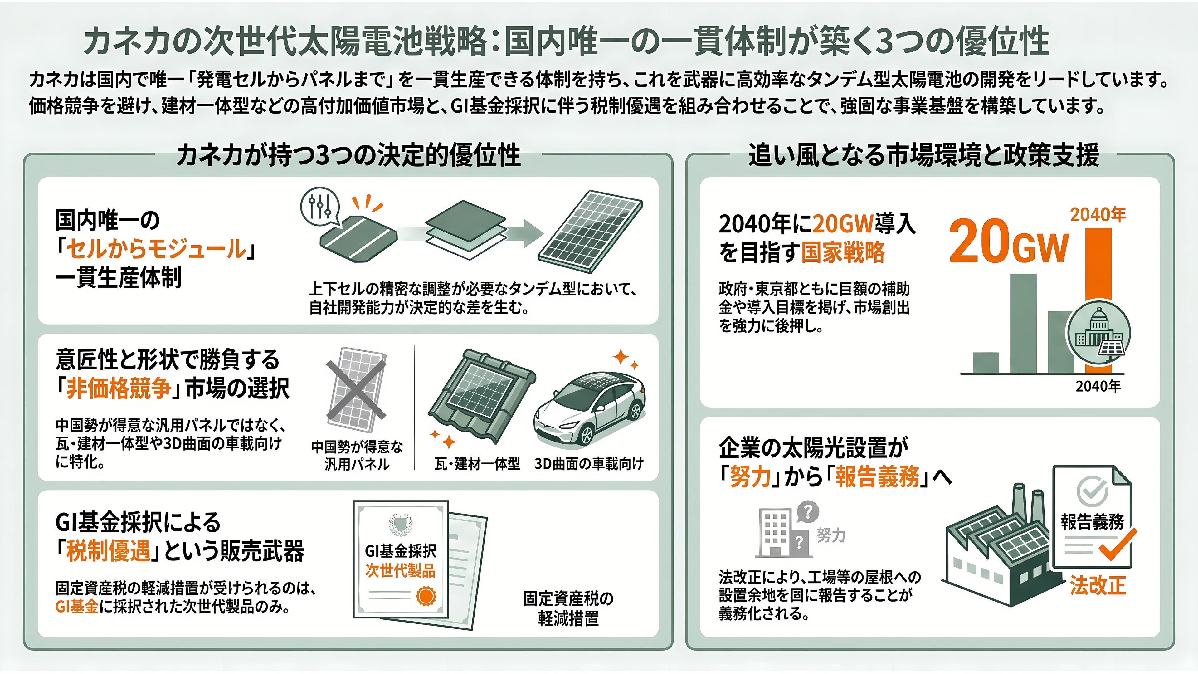 カネカ、次世代型タンデム太陽電池量産技術実証事業が、グリーンイノベーション基金事業(GI基金)に採択 - 強み ― 国内で唯一「セルからモジュールまで」を持ち、採択が税制上の資格を伴う - 章扉
