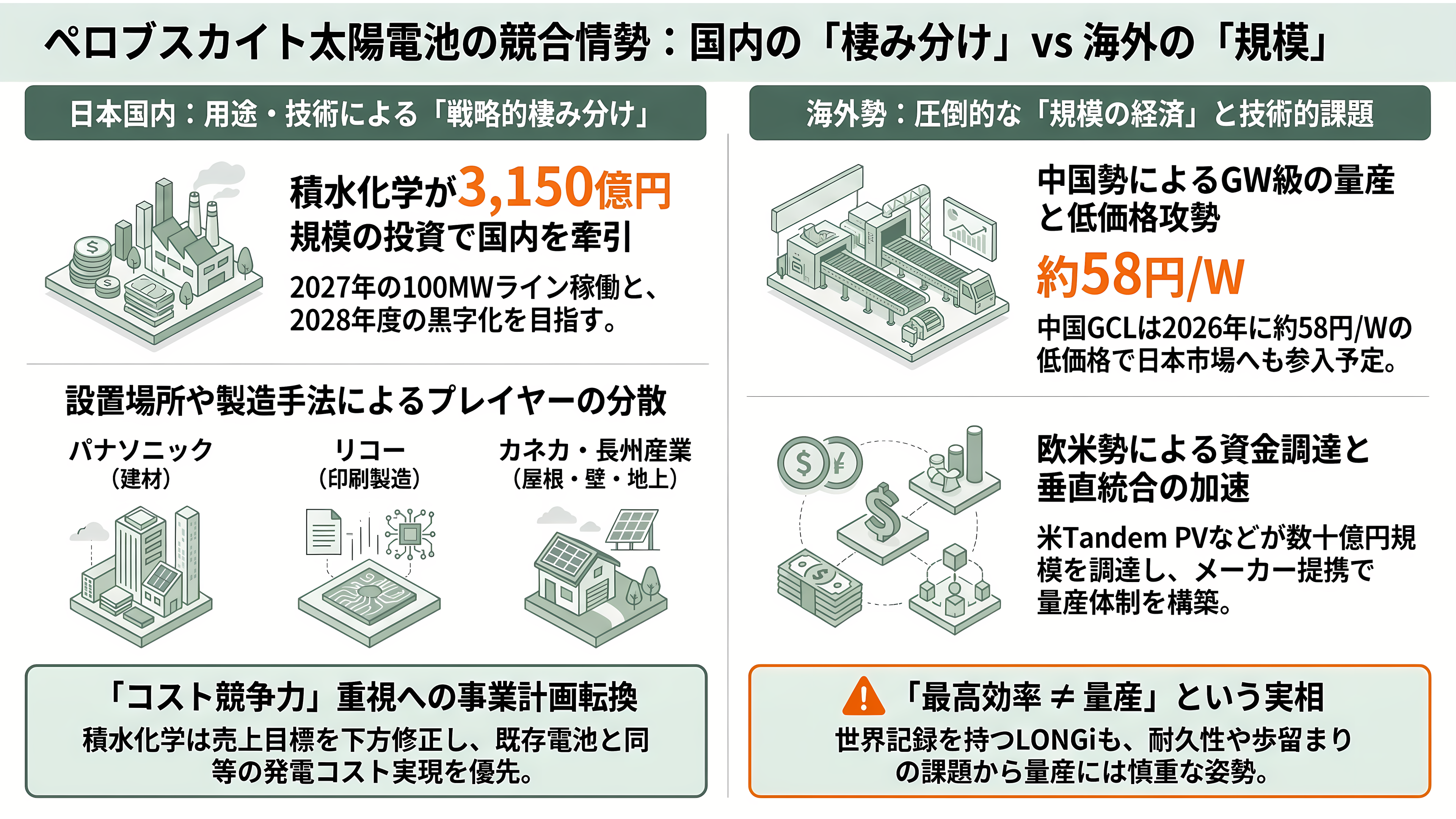カネカ、次世代型タンデム太陽電池量産技術実証事業が、グリーンイノベーション基金事業(GI基金)に採択 - 業界の状況と競合 ― 国内は用途で棲み分け、国外は規模で殴り合う - 章扉