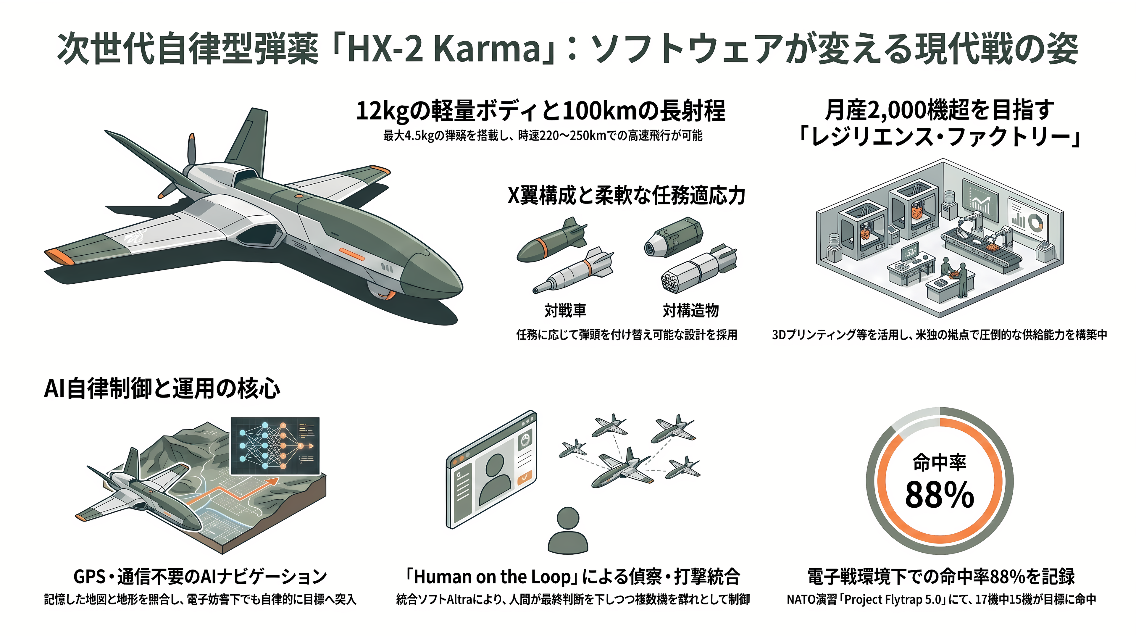 楽天G(4755)、ドイツの防衛AIテック企業Helsing(ヘルシング)社と提携。自律型攻撃・徘徊型ドローンHX-2の陸上自衛隊導入を支援、国内窓口として防衛省への提案・国産化を推進 - HX-2はどんな機体か ― X翼・12キロ・射程100キロの「ソフトウェア先行型」弾薬 - 章扉