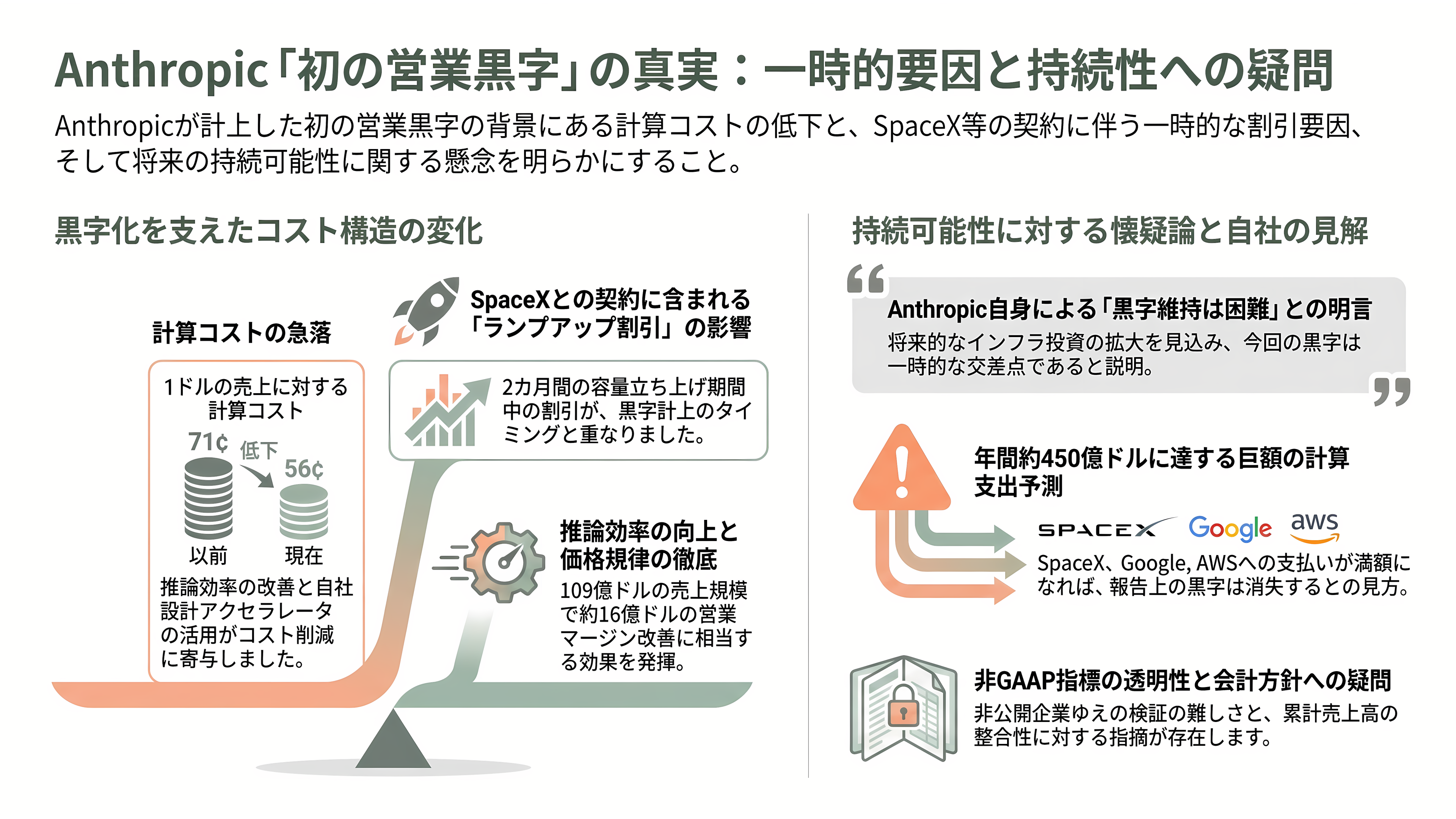Anthropic（アンソロピック）、異次元の成長。四半期売上は前年14倍、初の四半期営業黒字。10月には評価額2兆ドル（約319兆円）でのIPOを計画と報道 - 「初の営業黒字」の中身──コンピュート単価の低下と、SpaceXのランプアップ割引 - 章扉