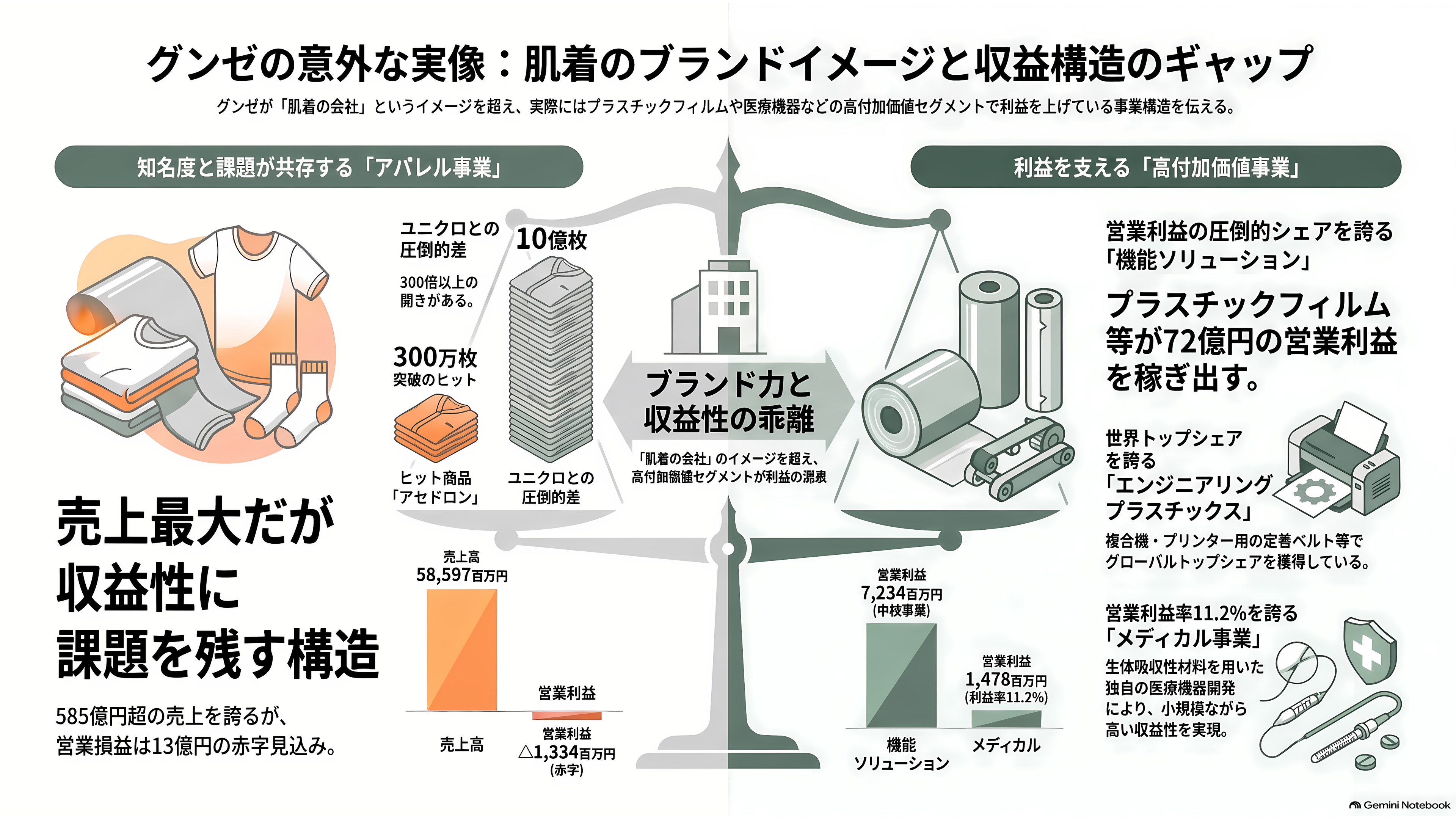 グンゼ(GUNZE)(3002)、連結黒字維持も、主力の肌着を含むアパレル事業は厳しく単体で13億円の営業赤字。東日本大震災や能登半島地震に続き、熊本地震にも肌着10万枚を寄付 - そもそもグンゼとは何をしている会社か - 章扉
